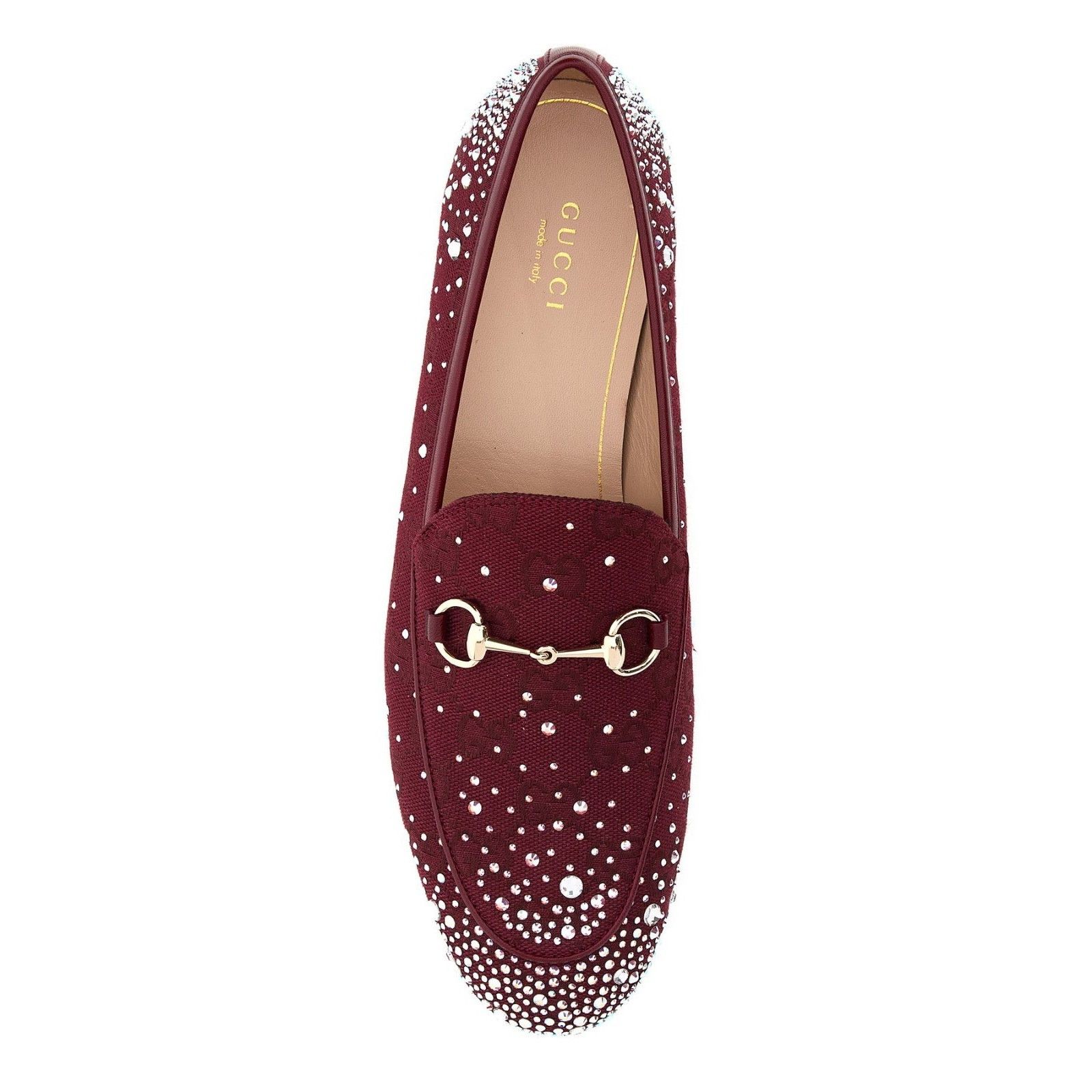 GUCCI Jordaan GG Rhinestone Jewel Red Fabric Loafers New (Wo