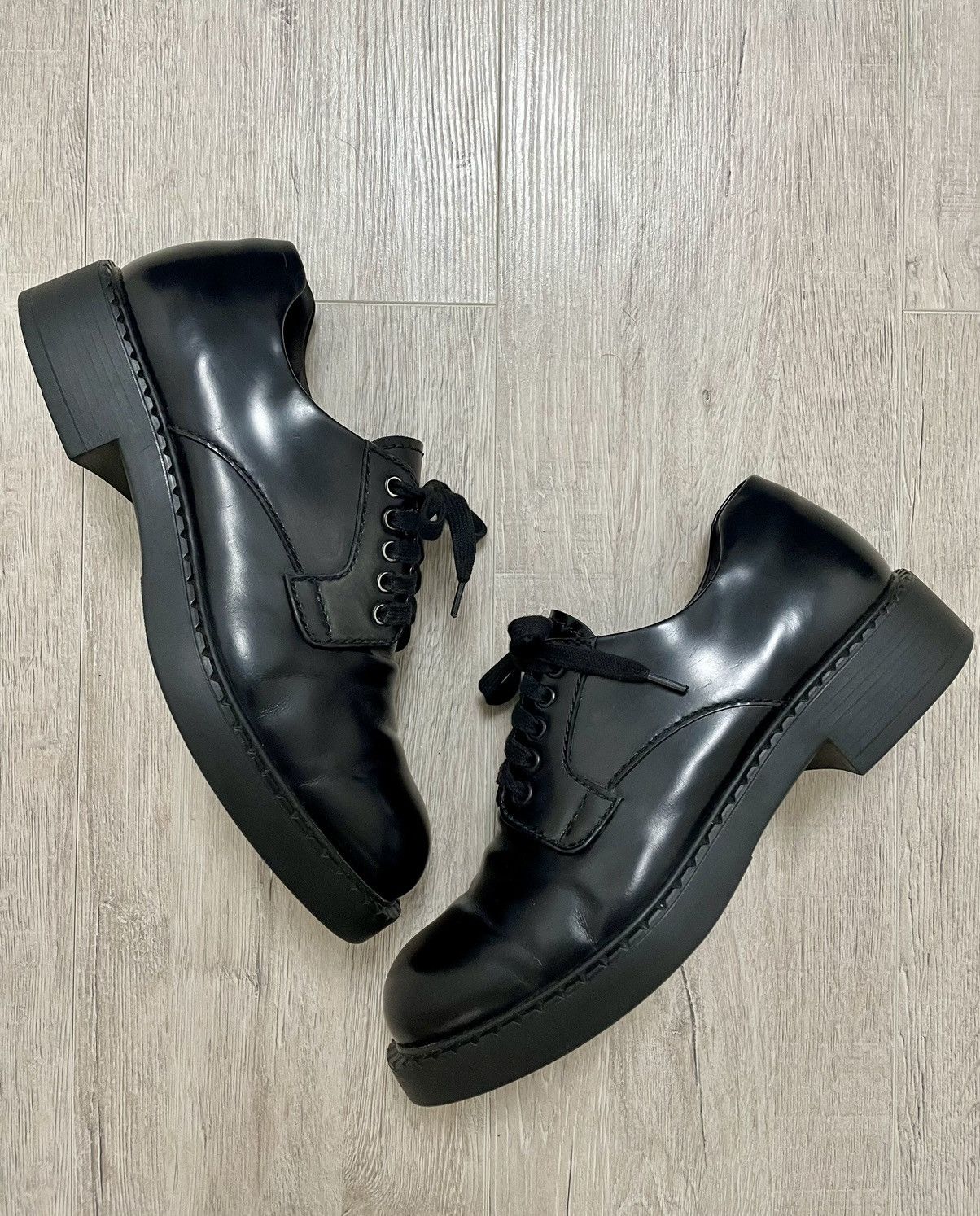 $1200 Runaway Prada Ss23 Black Brushed Leather Derby Shoes, Men's (Size 8.5)
