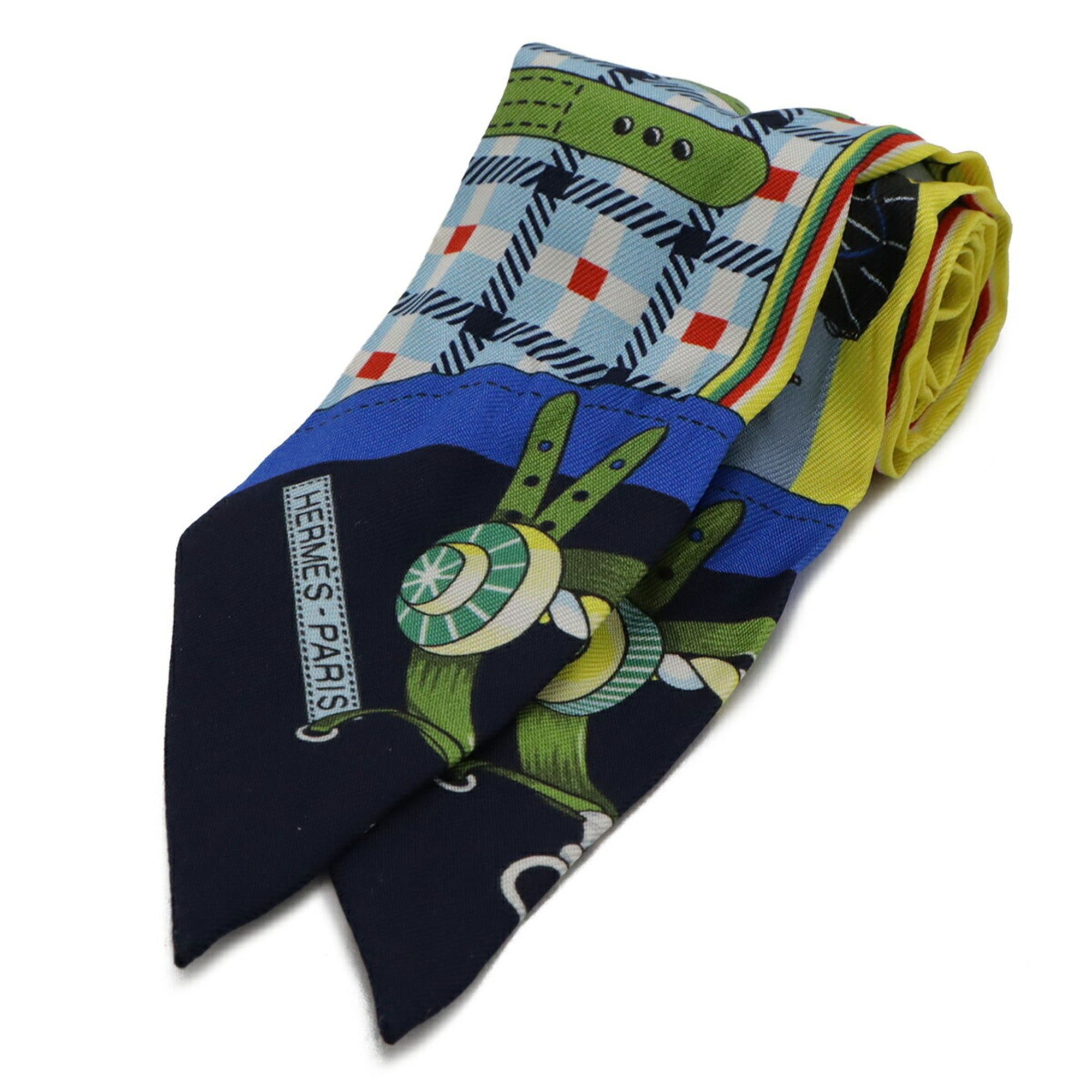 Hermes HERMES TWELL Twilly Scarf/Muffler/Handbag "Les Voitures Nouvelles" Horse-Drawn Carriage Evolution 100% Silk Blue Yellow Size ONE SIZE - 1 Thumbnail