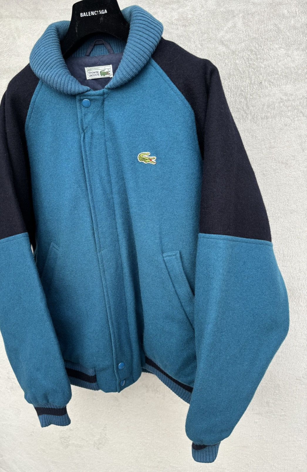 Lacoste 80s Lacoste Ribbed Shawl Collar Wool Bomber Jacket Size US L / EU 52-54 / 3 - 2 Thumbnail