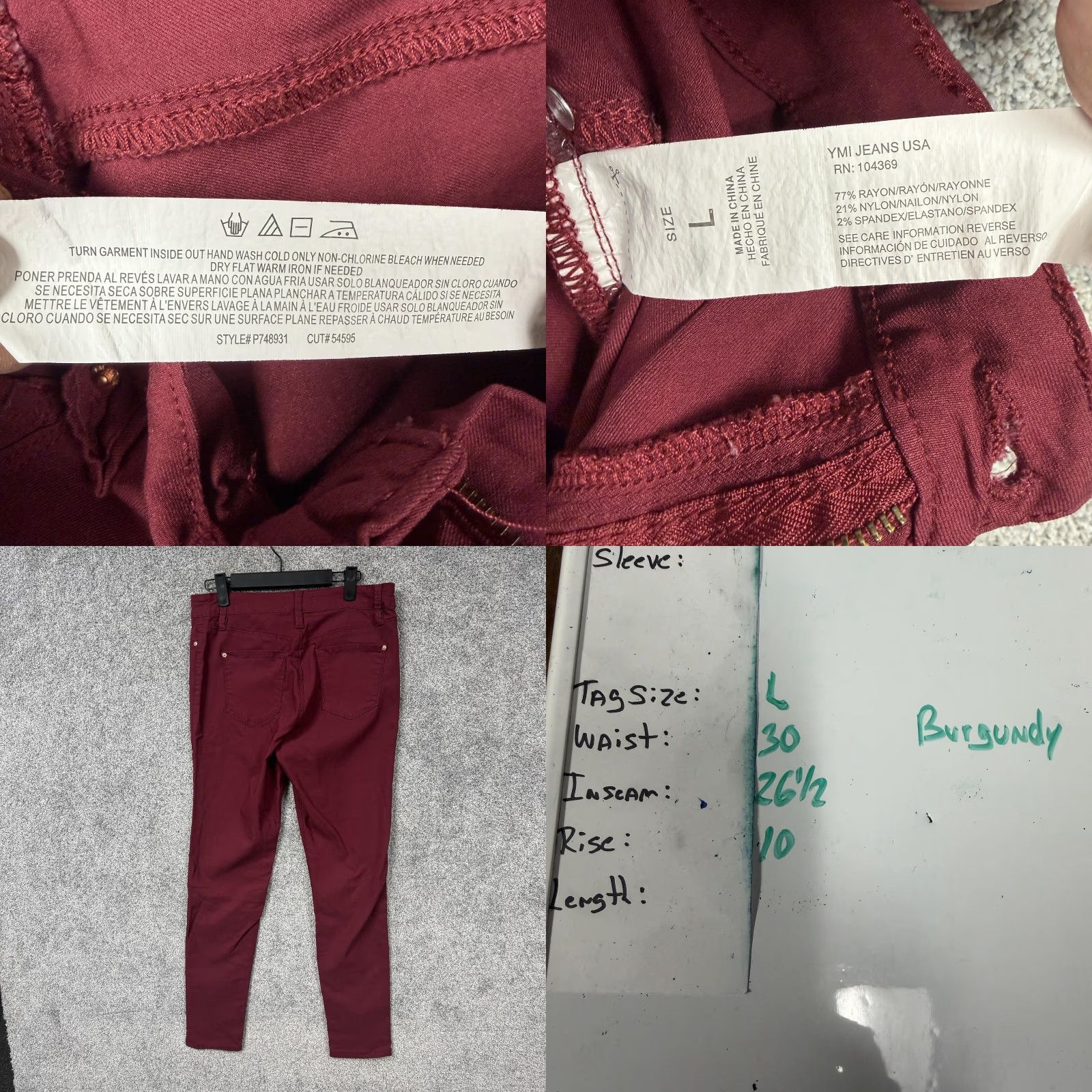 Vintage YMI Jegging Pants Womens L Burgundy Skinny Stretch Twill Pocketed Flat Front Zip Button Casual Preppy 30x26.5 Juniors Regular Rise 8.5-10.5 Size 36" / US 14 / IT 50 - 8 Thumbnail