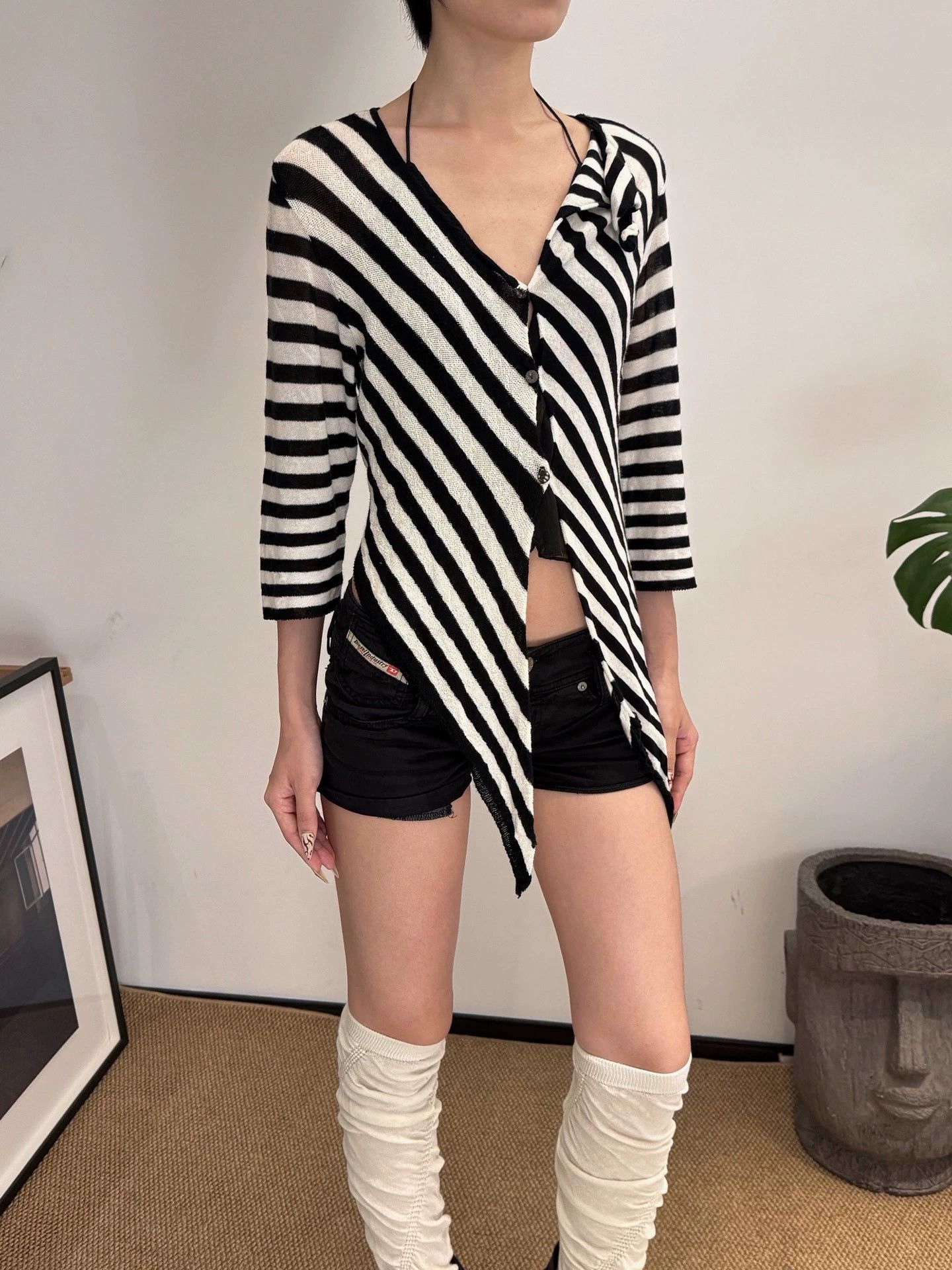 Other JPN Brand Stretch Knit Stripe 3/4Sleeve Odd Cardi Size S / US 4 / IT 40 - 6 Thumbnail