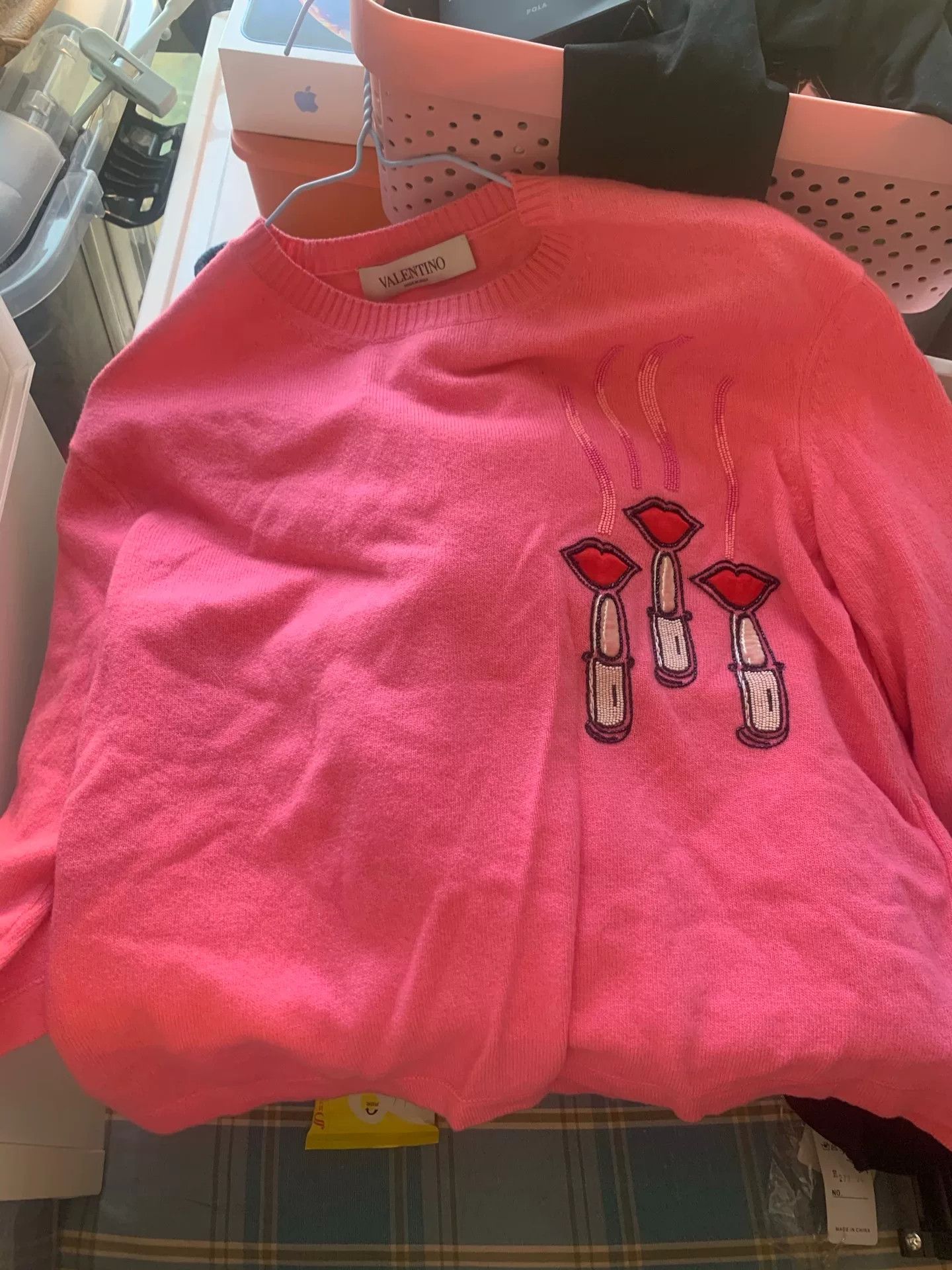 Valentino Pink Lipstick Print Knit Sweater