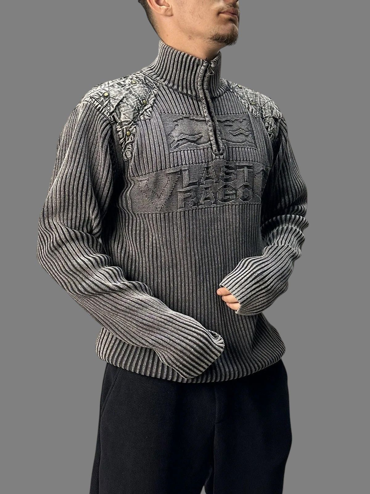 KMRii Distressed GOA Ribbed Gray Zip Sweater Military Y2K Style Size US XL / EU 56 / 4 - 1 Thumbnail