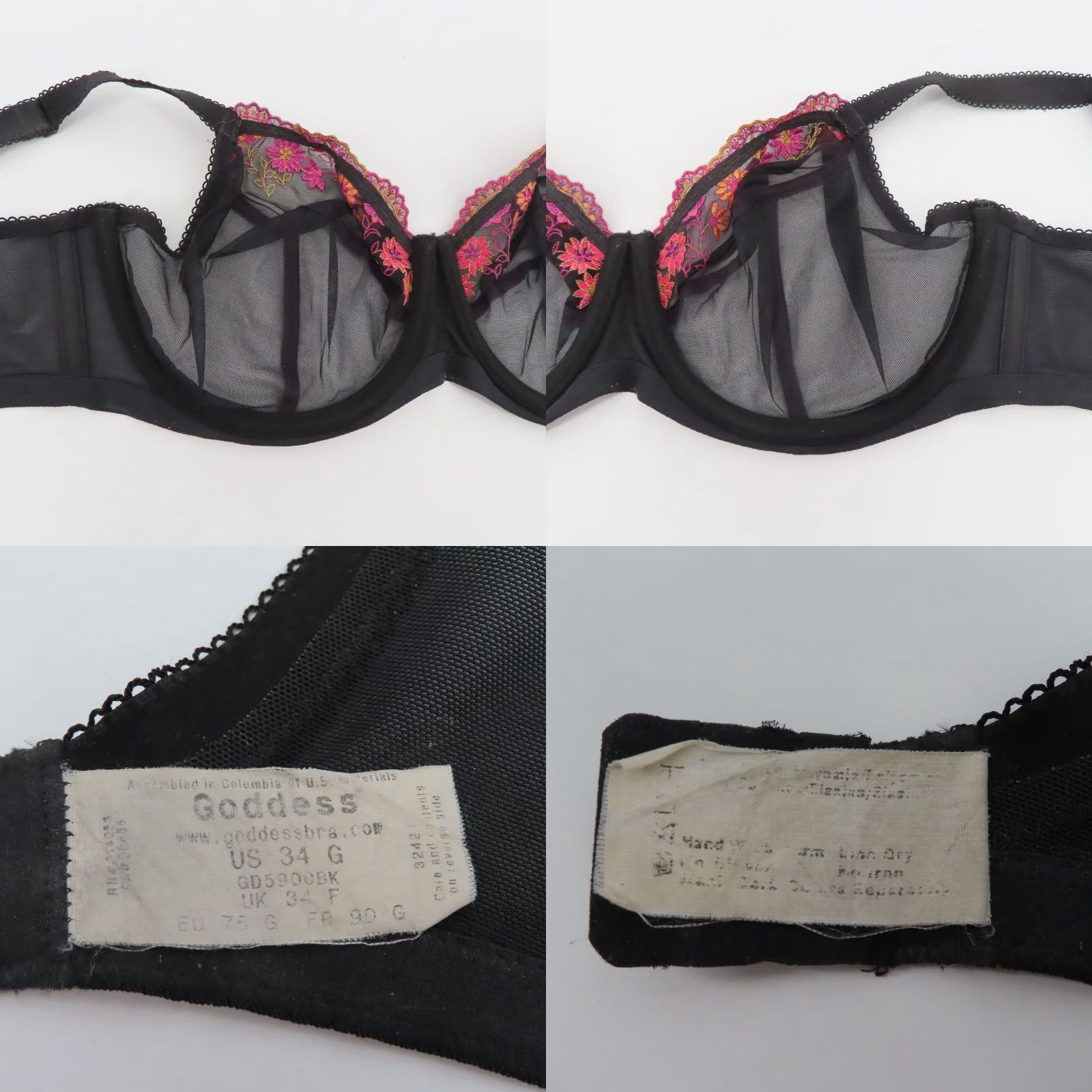 Vintage Goddess Bra 34G Black Flower Embroidered Bow Underwire T-Shirt Bra Womens 34G Size ONE SIZE - 8 Thumbnail