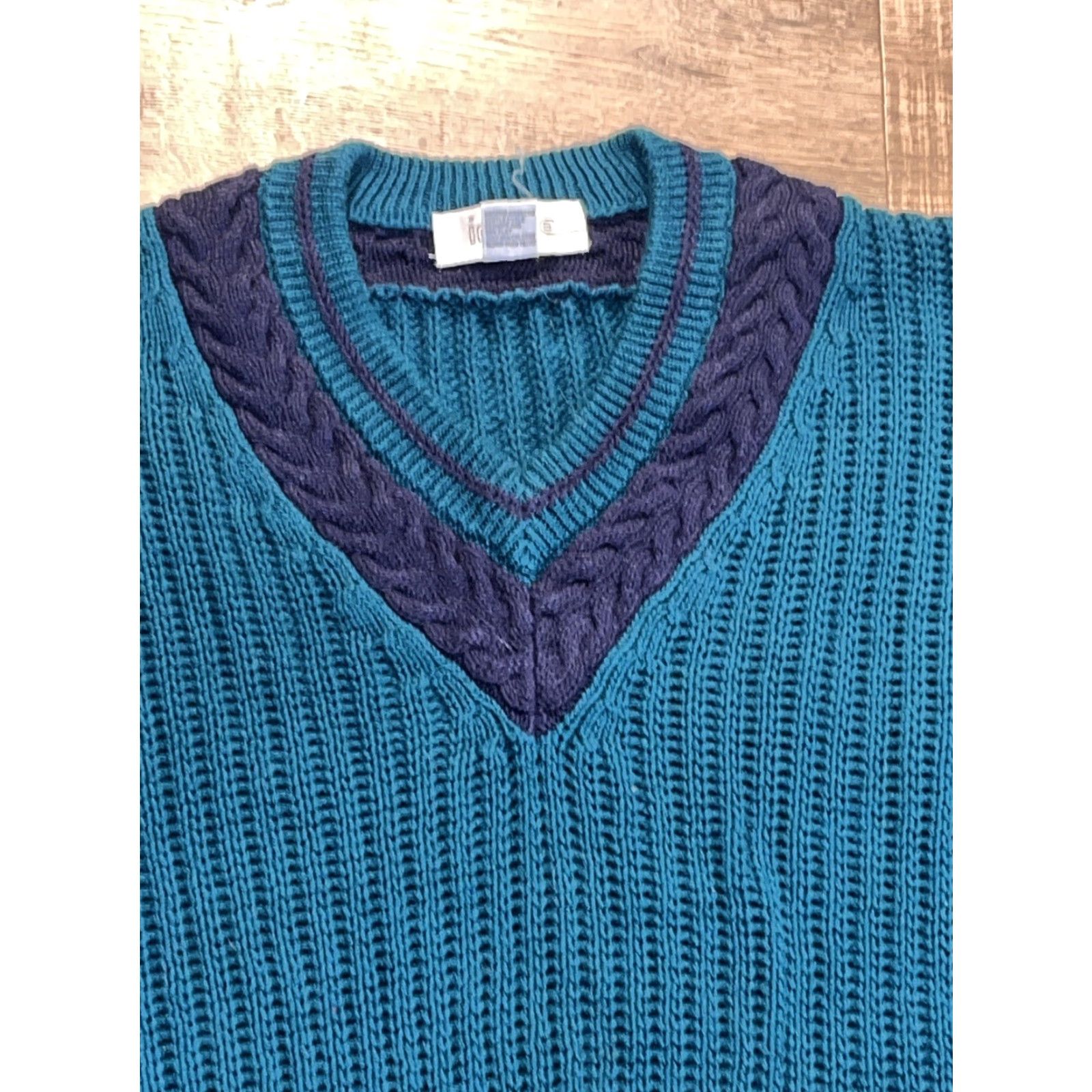 Vintage INSITE Sweater Turquoise Blue Cable Knit Navy Blue Stripe V Neck Preppy Men’s Lg Size US L / EU 52-54 / 3 - 5 Thumbnail