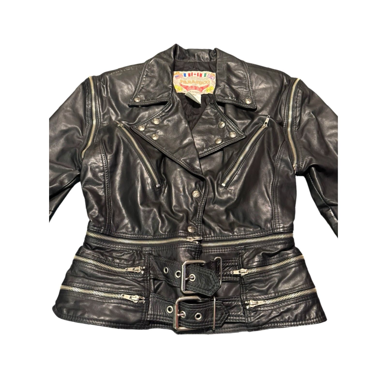 Parasuco VINTAGE Parasuco Leather Jacket Women's Black Moto Retro Jacket Short Classic Size L Size L / US 10 / IT 46 - 2 Thumbnail