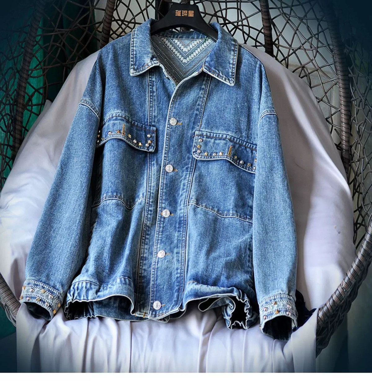 Other ✨ NEW Vintage-Style Studded Fringe Denim Jacket Size L / US 10 / IT 46 - 6 Thumbnail