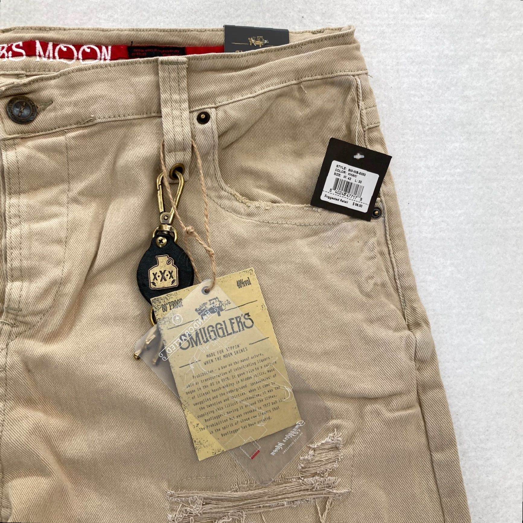 Denime Smugglers Moon Jeans Mens 42x33 Khaki Beige Denim Button Fly Roll Up Distressed Jeans Distressed Casual Slim 5-Pocket Denim Skull Logo Men Size US 42 / EU 58 - 5 Thumbnail