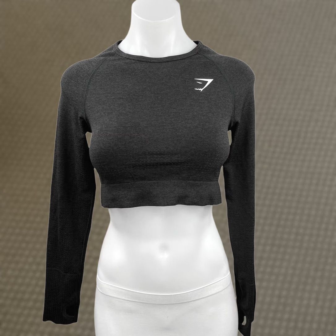 Gymshark Crop Top Womens M Black Crew Neck Long Sleeve Activewear Sports, Women's
