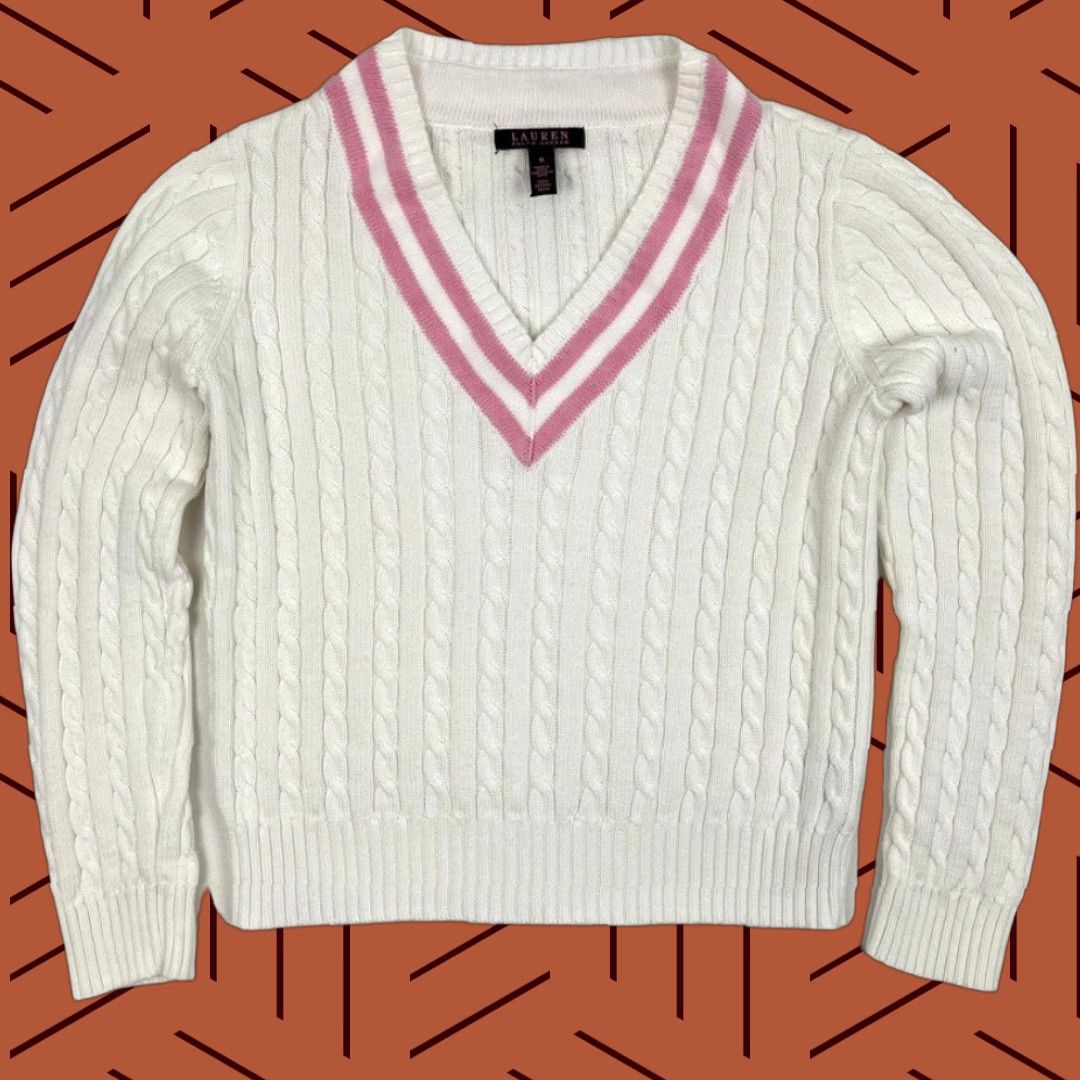 Ralph Lauren Ralph Lauren Sweater Womens M White Pink Cable Knit Tennis Academia Prep Y2K Size M / US 6-8 / IT 42-44 - 1 Thumbnail