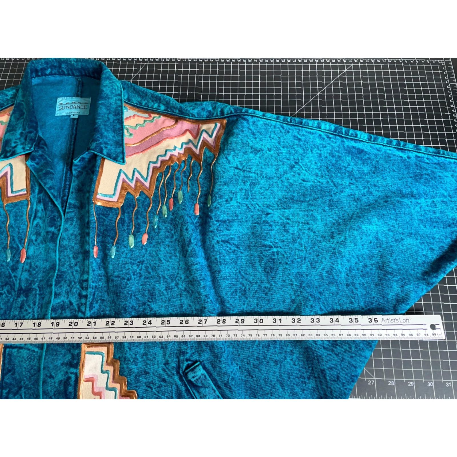 Vintage Sundance Jacket Woman Large Open Front Denim Acid Wash Teal Tribal Geometric 90s Vintage KimonoStyle Oversized Pockets Size L / US 10 / IT 46 - 5 Thumbnail