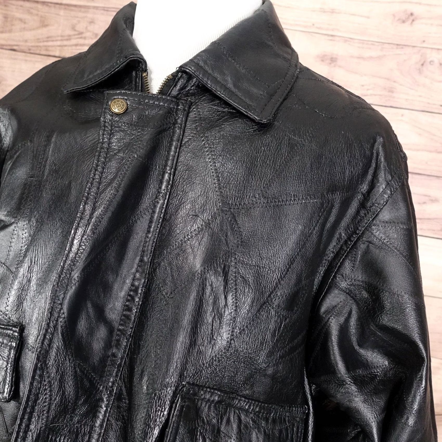 Vintage Firenze Leather Jacket Mens Large Black Patchwork Bomber Zip Front Jacket Size US L / EU 52-54 / 3 - 2 Thumbnail