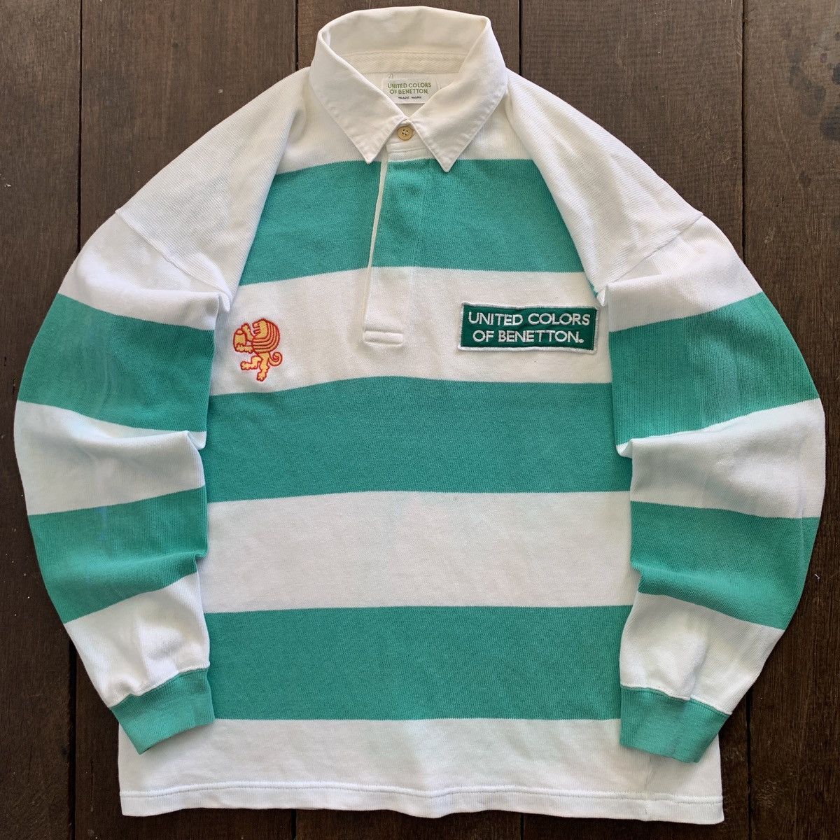 image of Vintage United Colors Of Benetton Stripe Rugby Shirt in Green, Men's (Size Large)