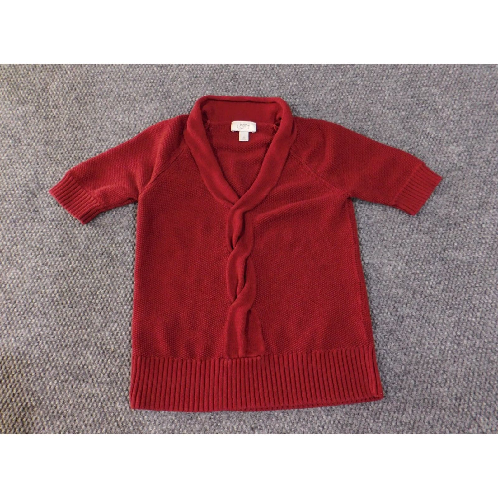 Loft VINTAGE LOFT Ann Taylor Sweater Womens M Red Short Sleeve Shawl Collar Tunic 100% Cotton Raglan Knit Crew Neck Womens Size M / US 6-8 / IT 42-44 - 2 Thumbnail