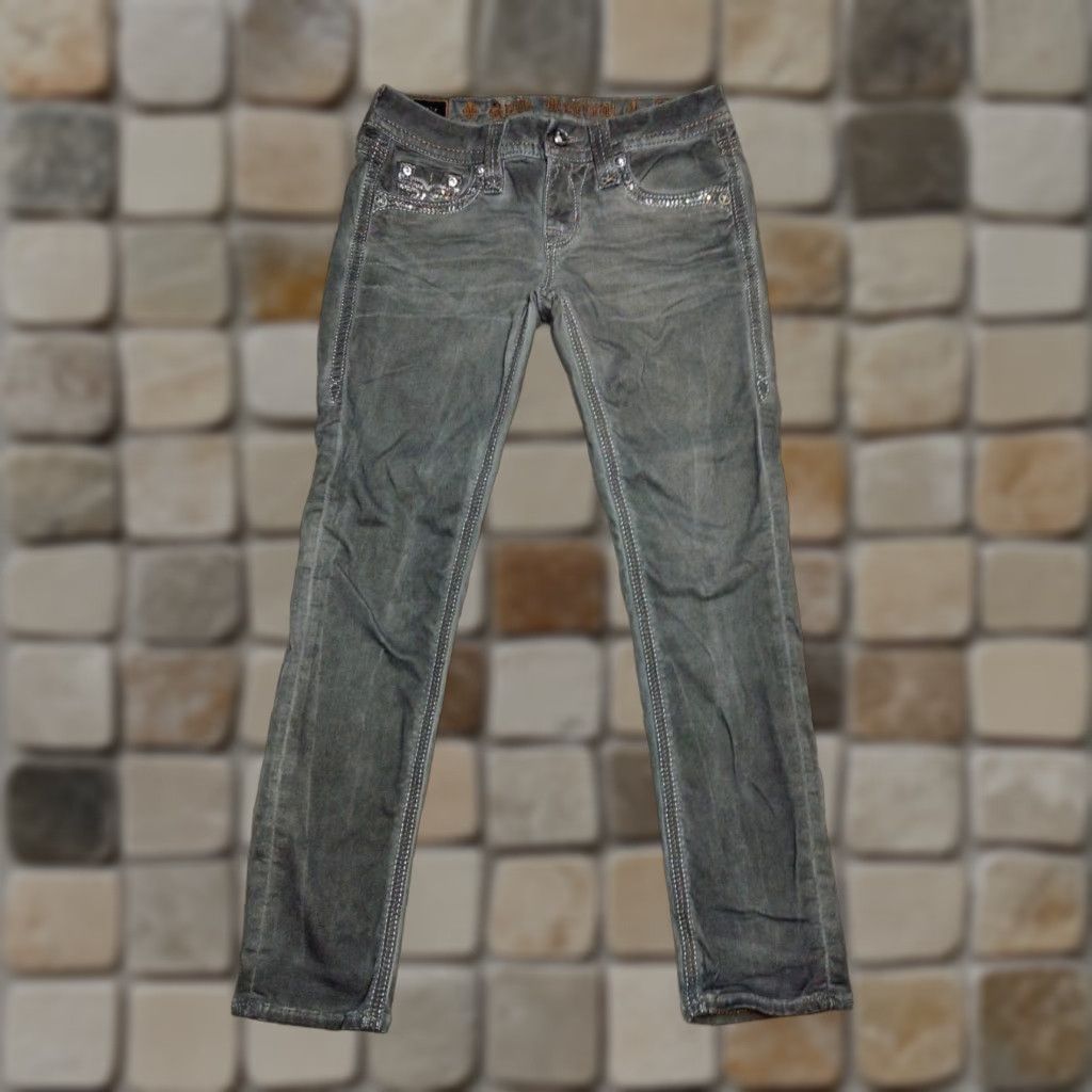 Vintage Rock Revival Jeans 25x27 Grey Boris Cotton Blend 5-Pocket Embroidered Rhinestone Cropped Slim Skinny Crop Denim Women Size 42" / US 20 - 1 Thumbnail
