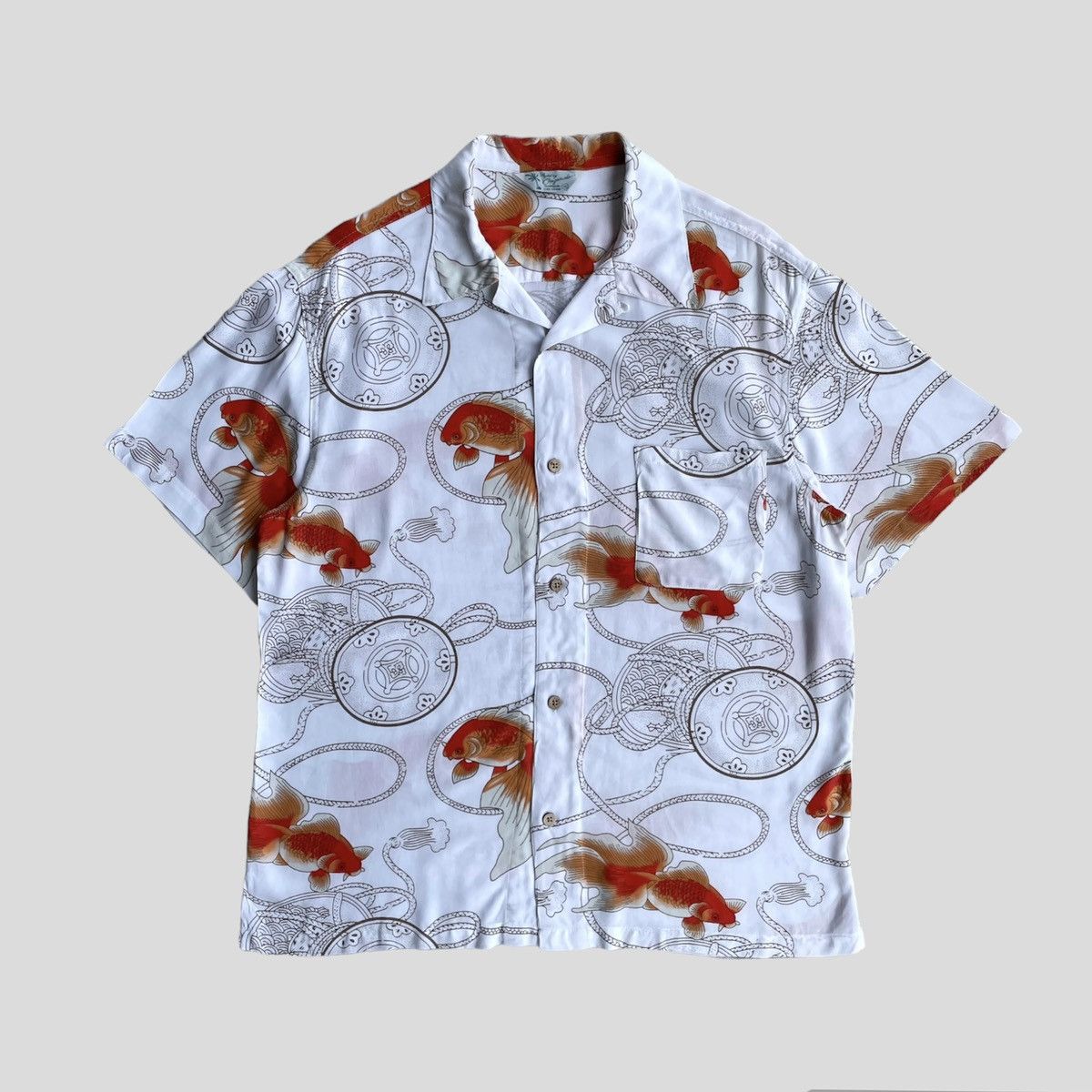 Image of Aloha Wear x Hawaiian Shirt Hawaiian Surf Brand Gold Koi Fish Shirt in White, Men's (Size XL)