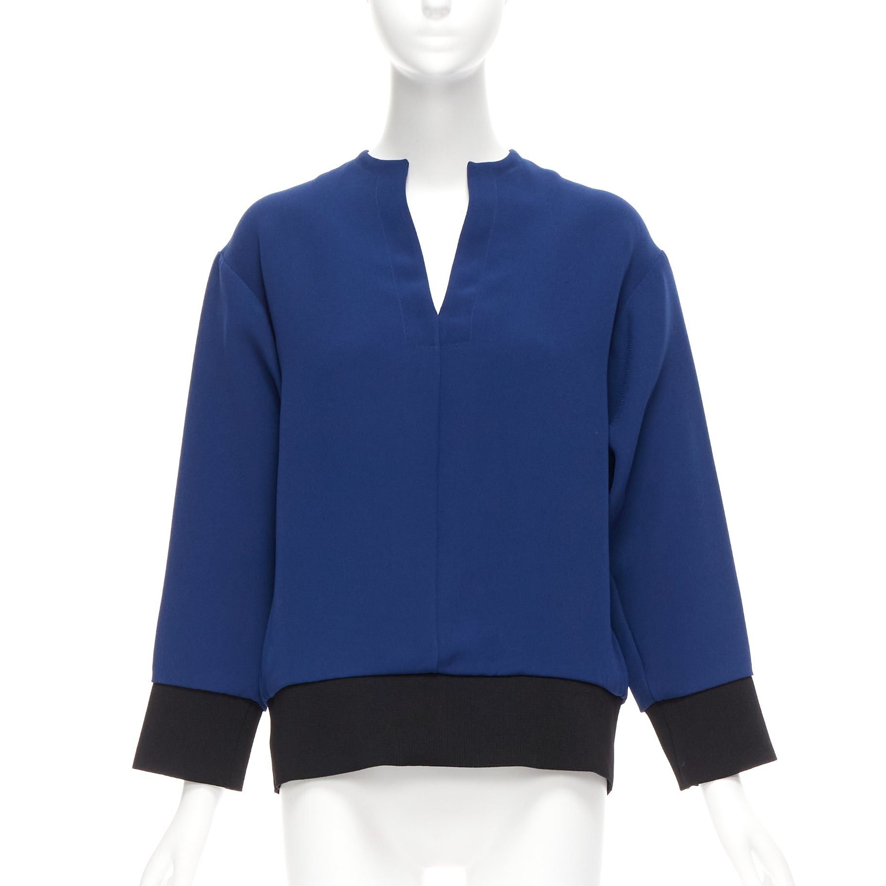 Image of Marni Blue V Neck Contrast Ribbing Long Sleeve Boxy Cocoon Top It36 Xs, Women's