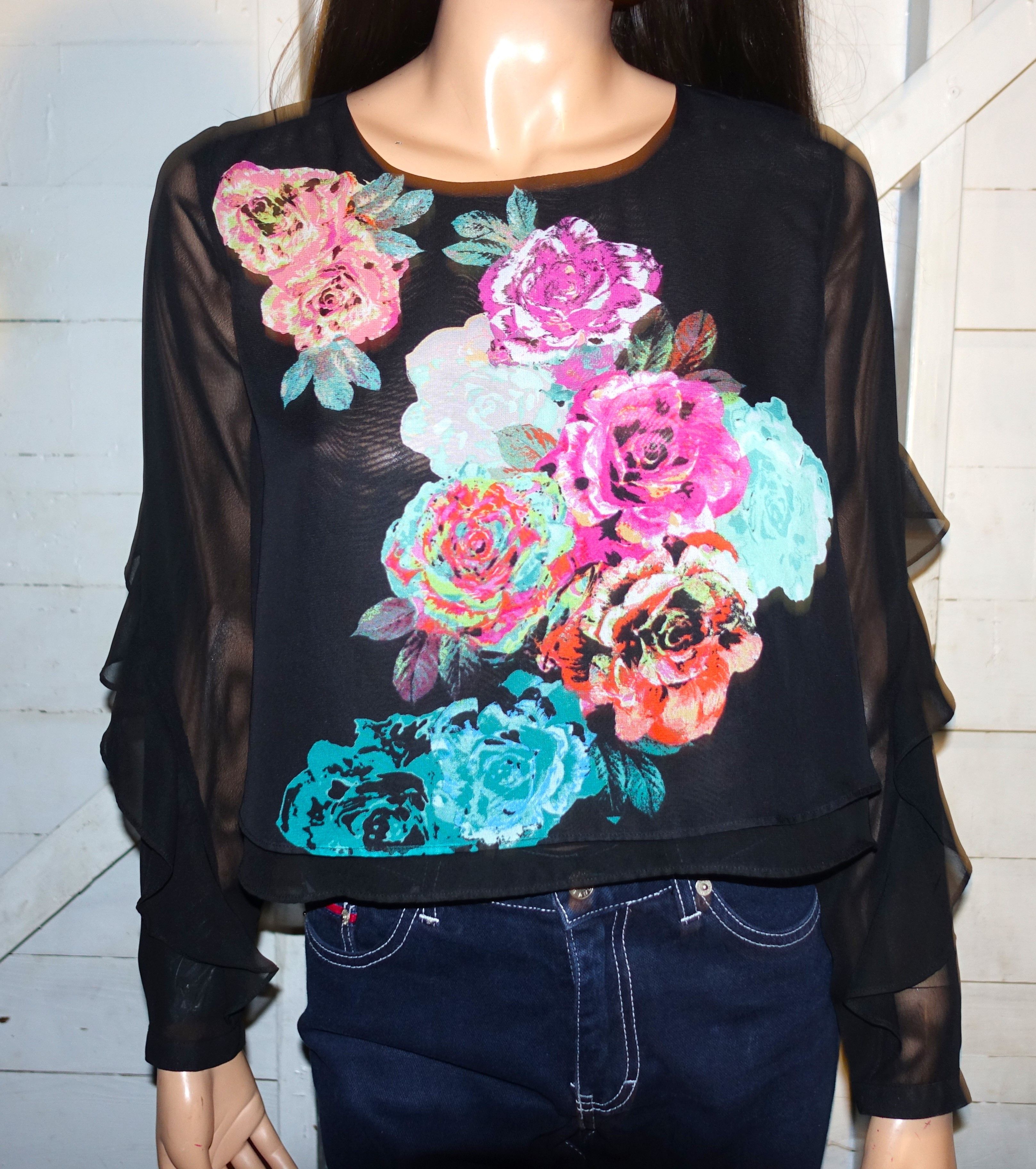 Other Bisou Bisou Black Sheer Ruffle Floral Blouse XS Size XS / US 0-2 / IT 36-38 - 1 Thumbnail