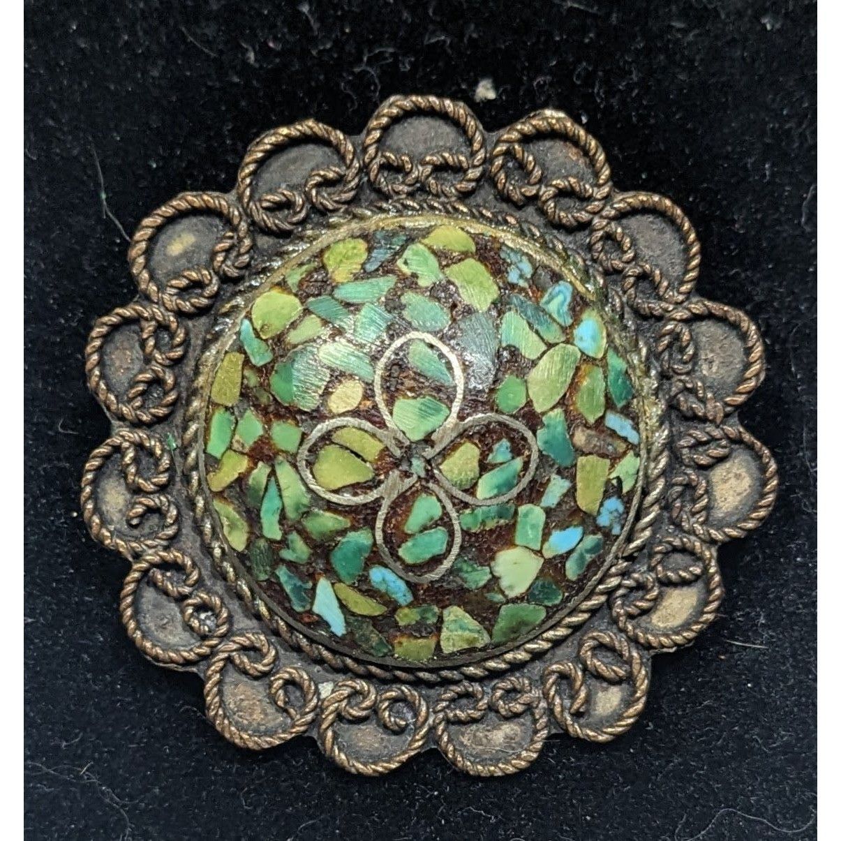 Other Vintage Turquoise Chip Micro Mosaic Floral Brooch Size ONE SIZE - 3 Thumbnail