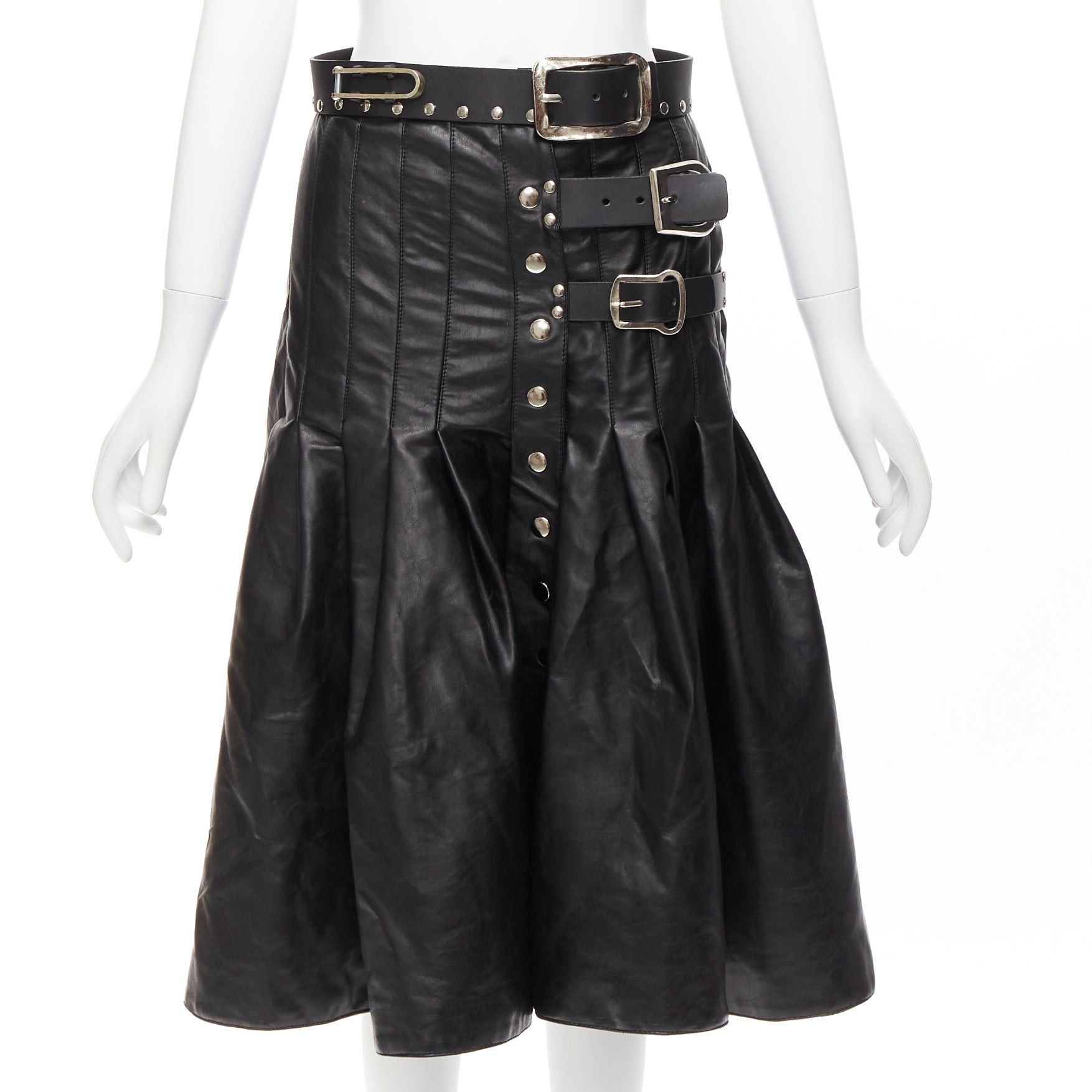 image of Chopova Lowena 2020 Runway Black Leather Belt Multi Buckle Studded Gladiator Skirt Xs, Women's (Siz