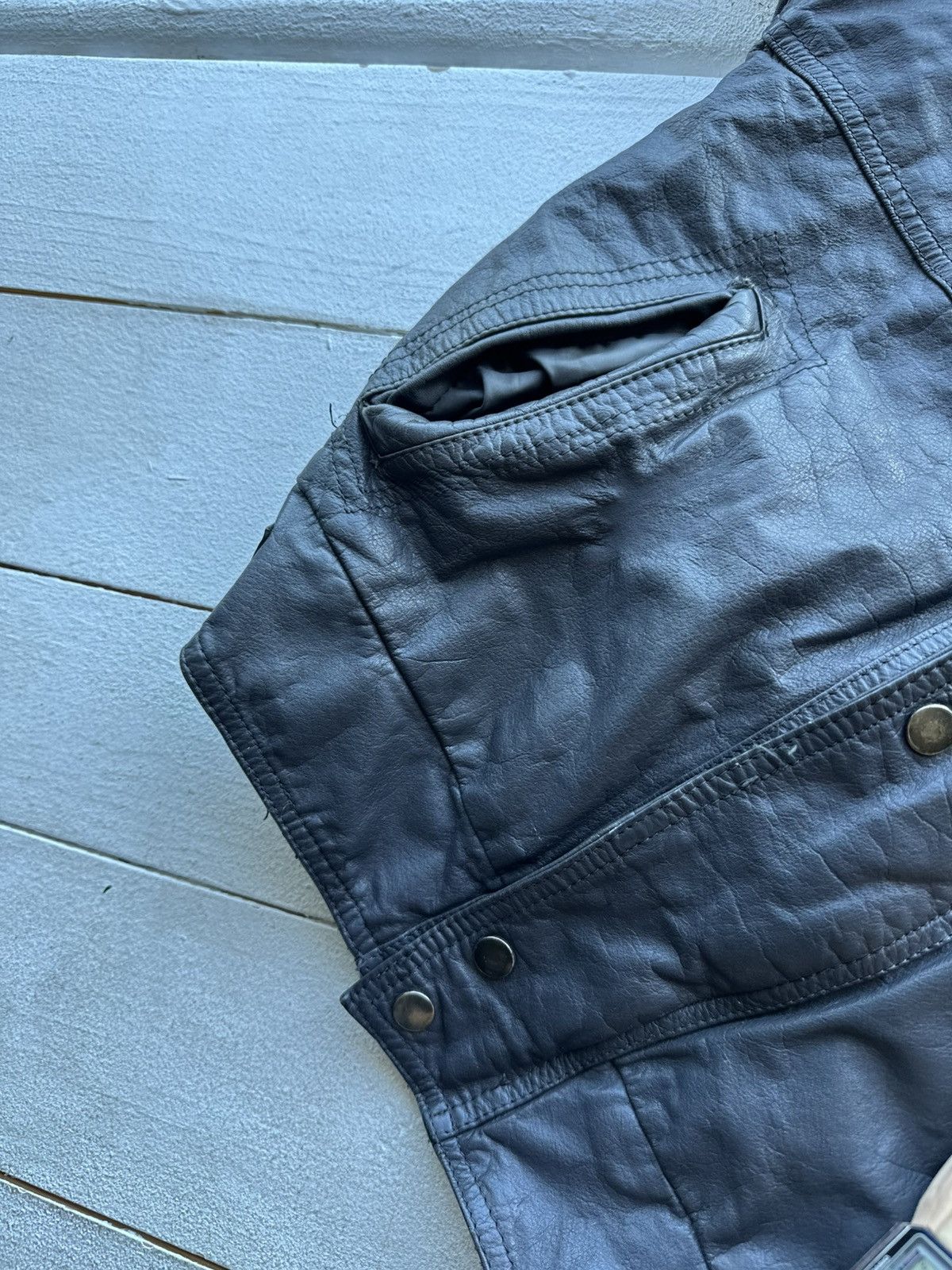 Other 🚨VNTG LEATHER JACKET AVANT GARDE ASYMMETRICAL DARK BLUE/GRAY Size US M / EU 48-50 / 2 - 4 Thumbnail