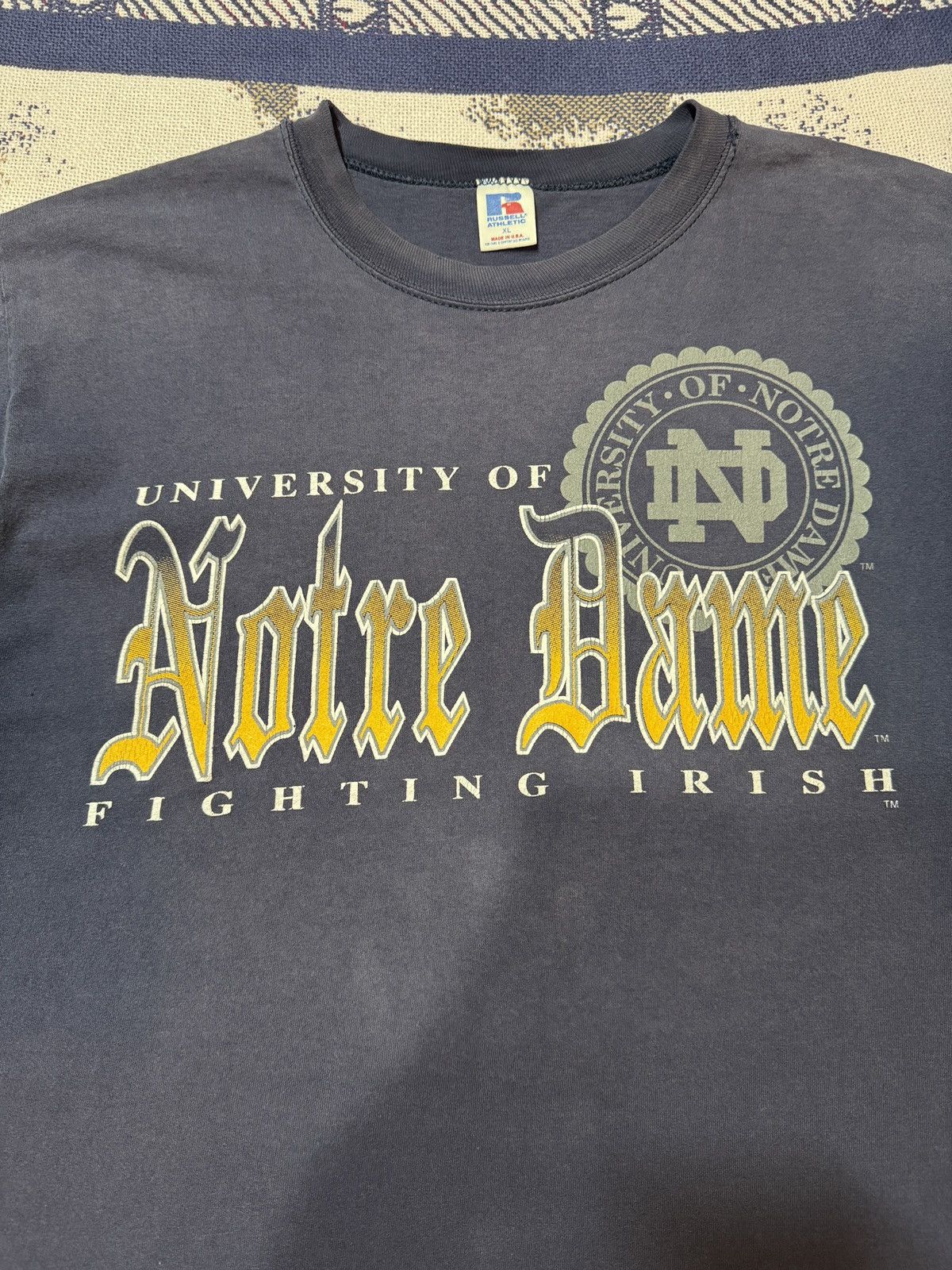 Russell Athletic Vintage 90s Faded Navy Notre Dame University Tee Size US XL / EU 56 / 4 - 2 Thumbnail