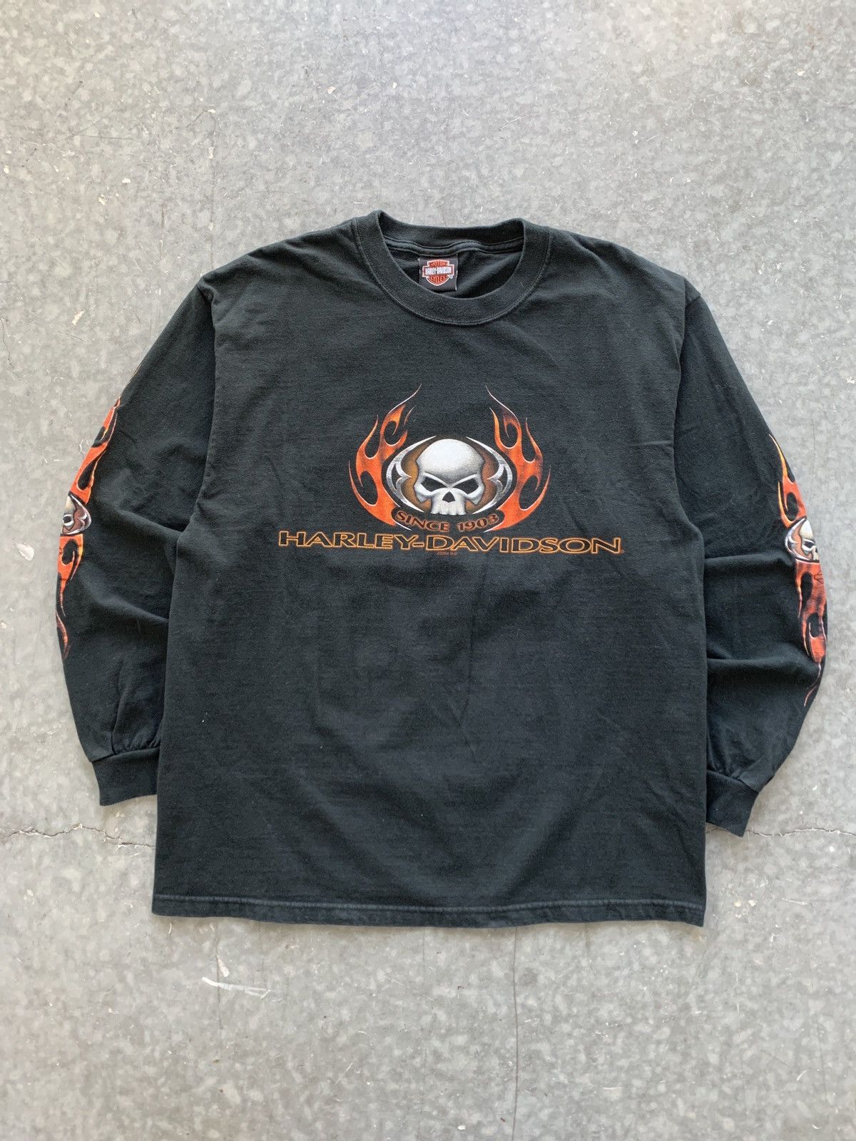 image of Crazy Cyber Y2K Harley Davidson Skull Flame Longsleeve in Black, Men's (Size Large)