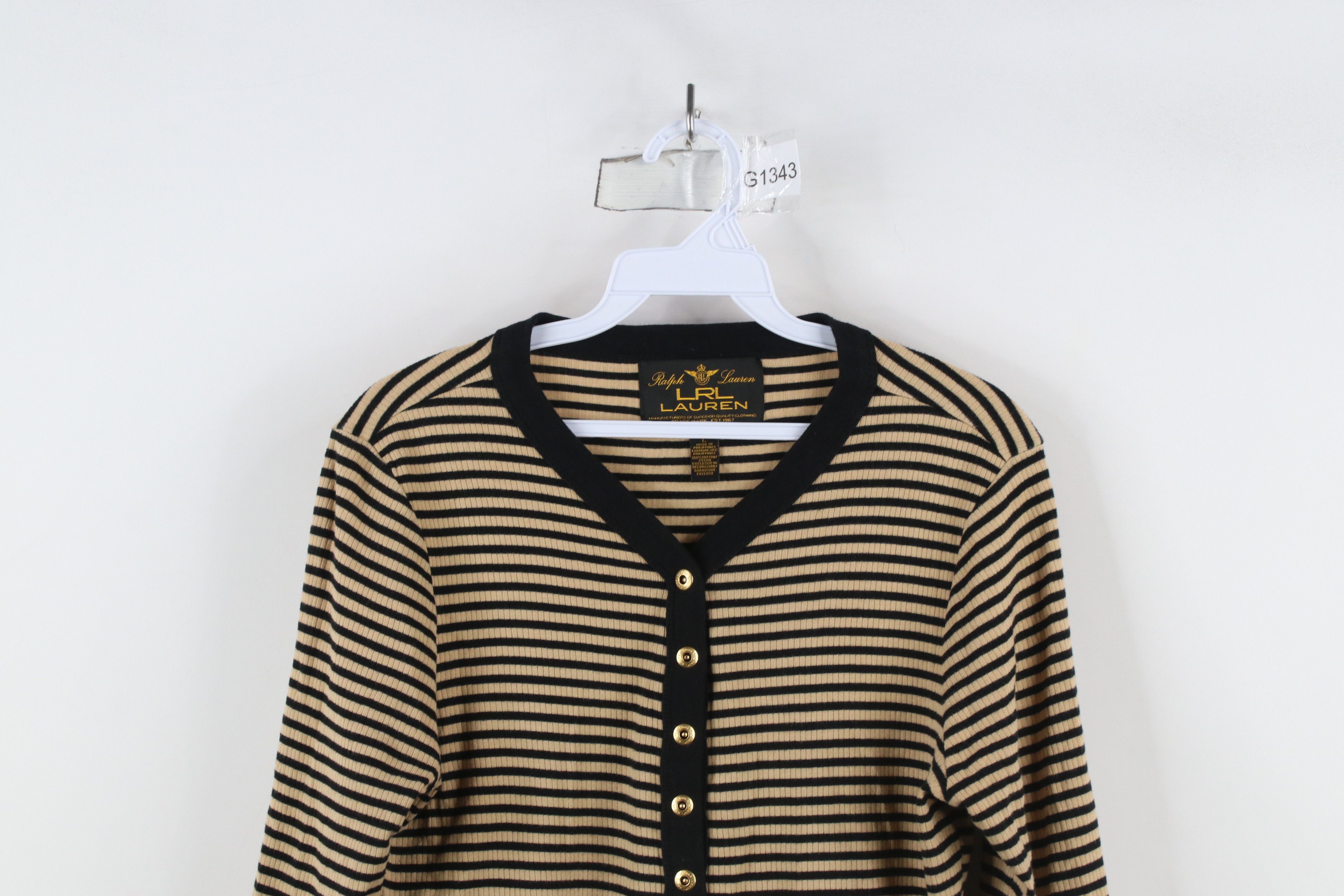 Ralph Lauren × Vintage Vintage 90s Ralph Lauren Striped Ribbed Knit Henley T-Shirt Size L / US 10 / IT 46 - 2 Thumbnail