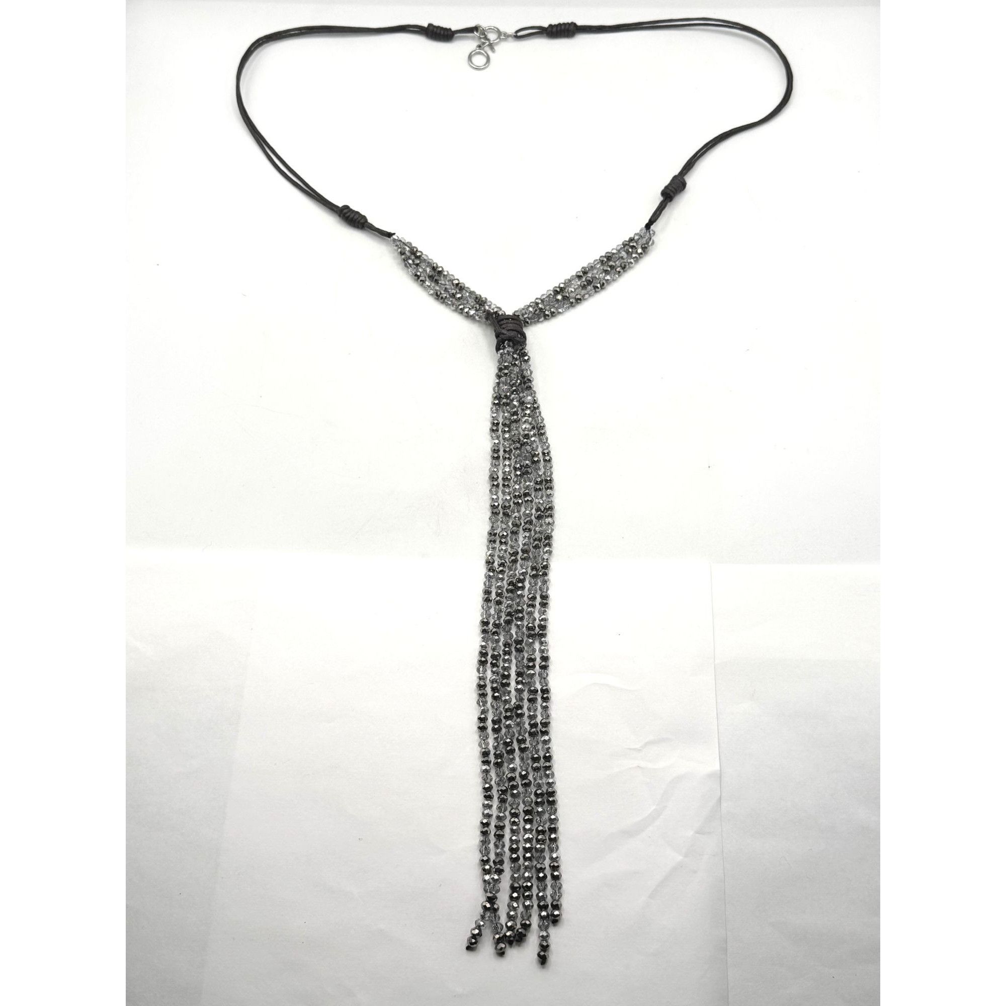 Vintage Gray Crystal Beaded Tassel Leather Necklace Size ONE SIZE - 2 Thumbnail
