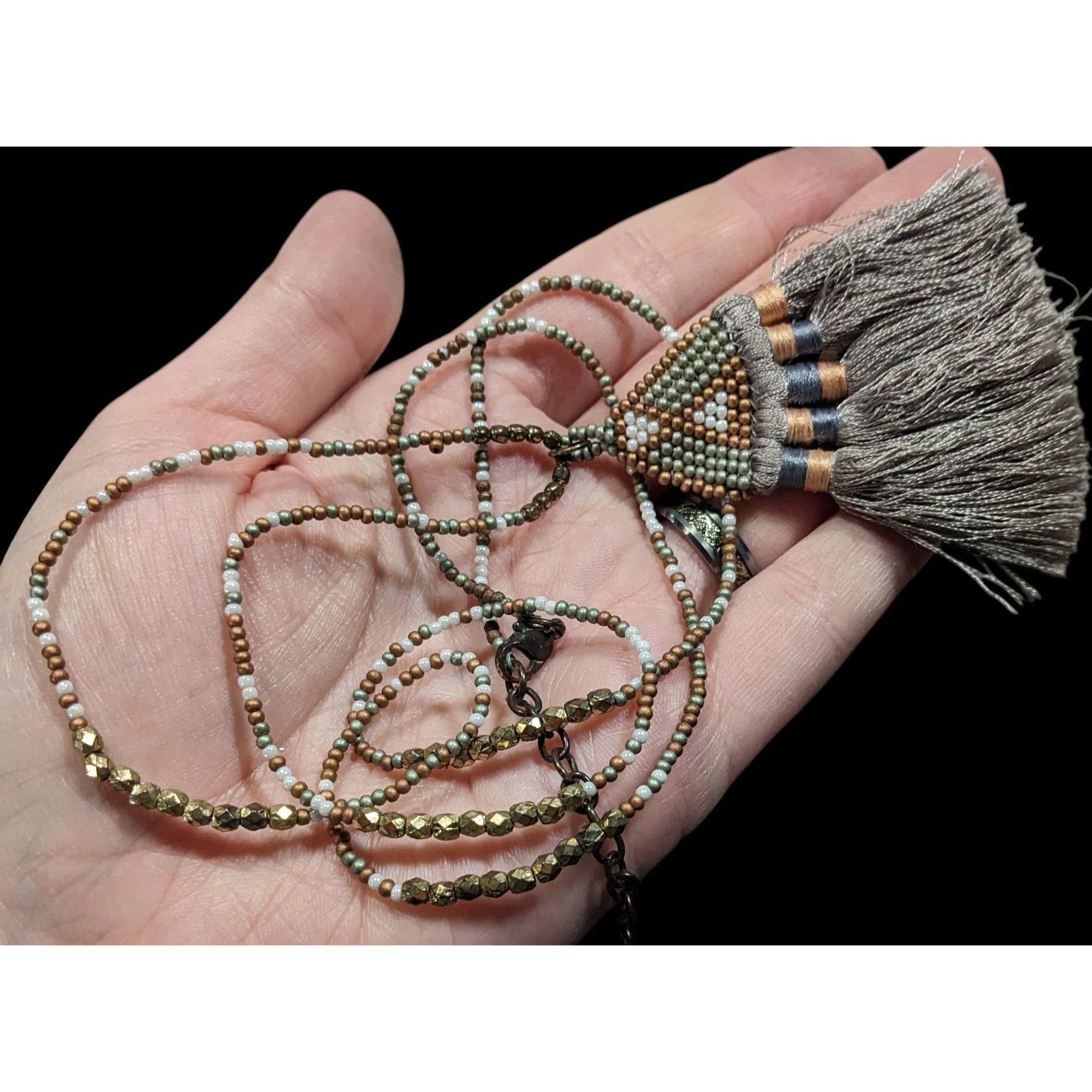 Other Handmade Boho Grey And Gold Tone Glass Beaded Thread Tassel Size ONE SIZE - 4 Thumbnail