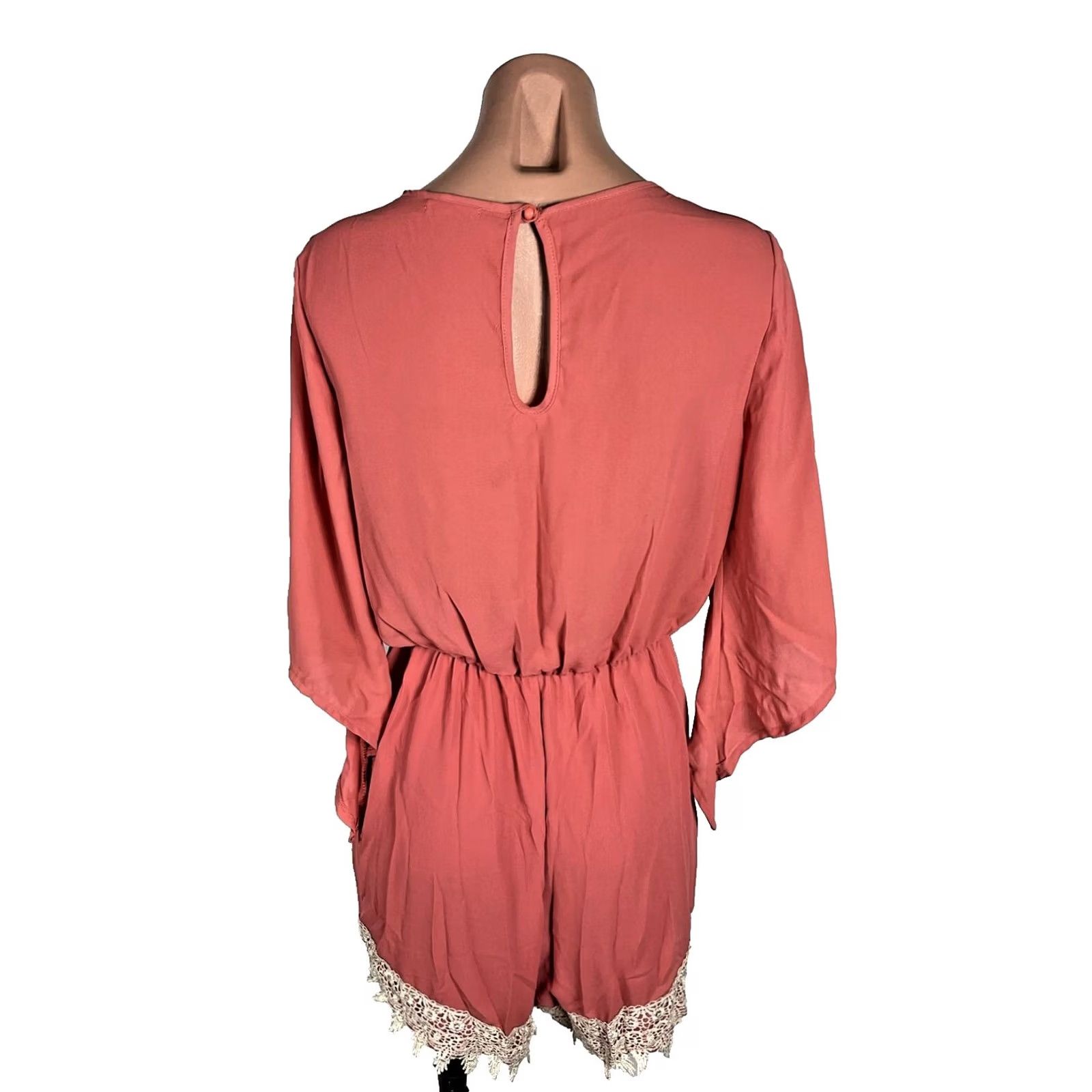 Vintage Poetry Coral Pink boho romper Jumpsuit Deep V lace detail Women's S Festival Size 28" / US 6 / IT 42 - 2 Thumbnail