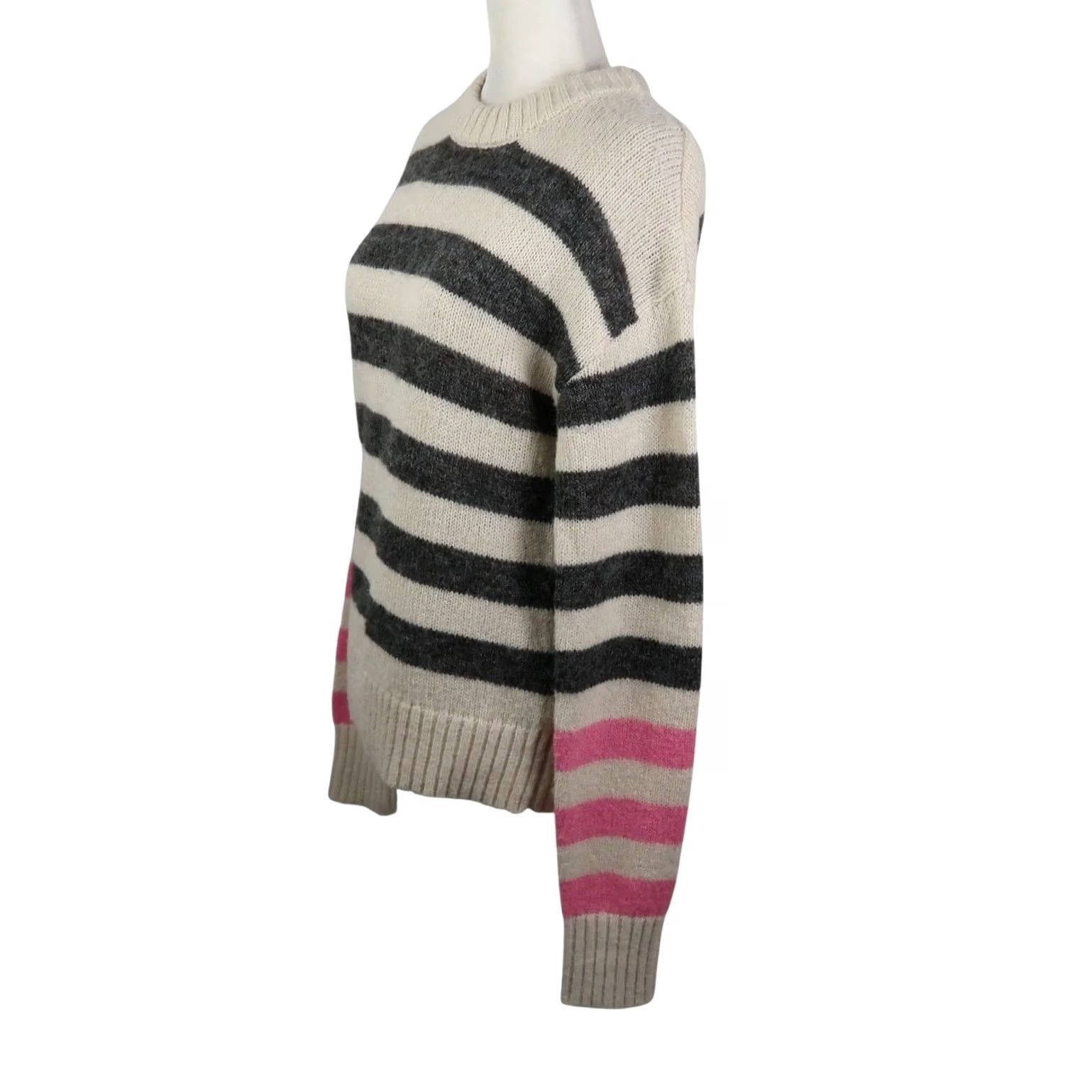 French Connection French Connection Sweater XS Crew Neck Wool Knit Striped Cream Grey Pullover Women Size XS / US 0-2 / IT 36-38 - 3 Thumbnail