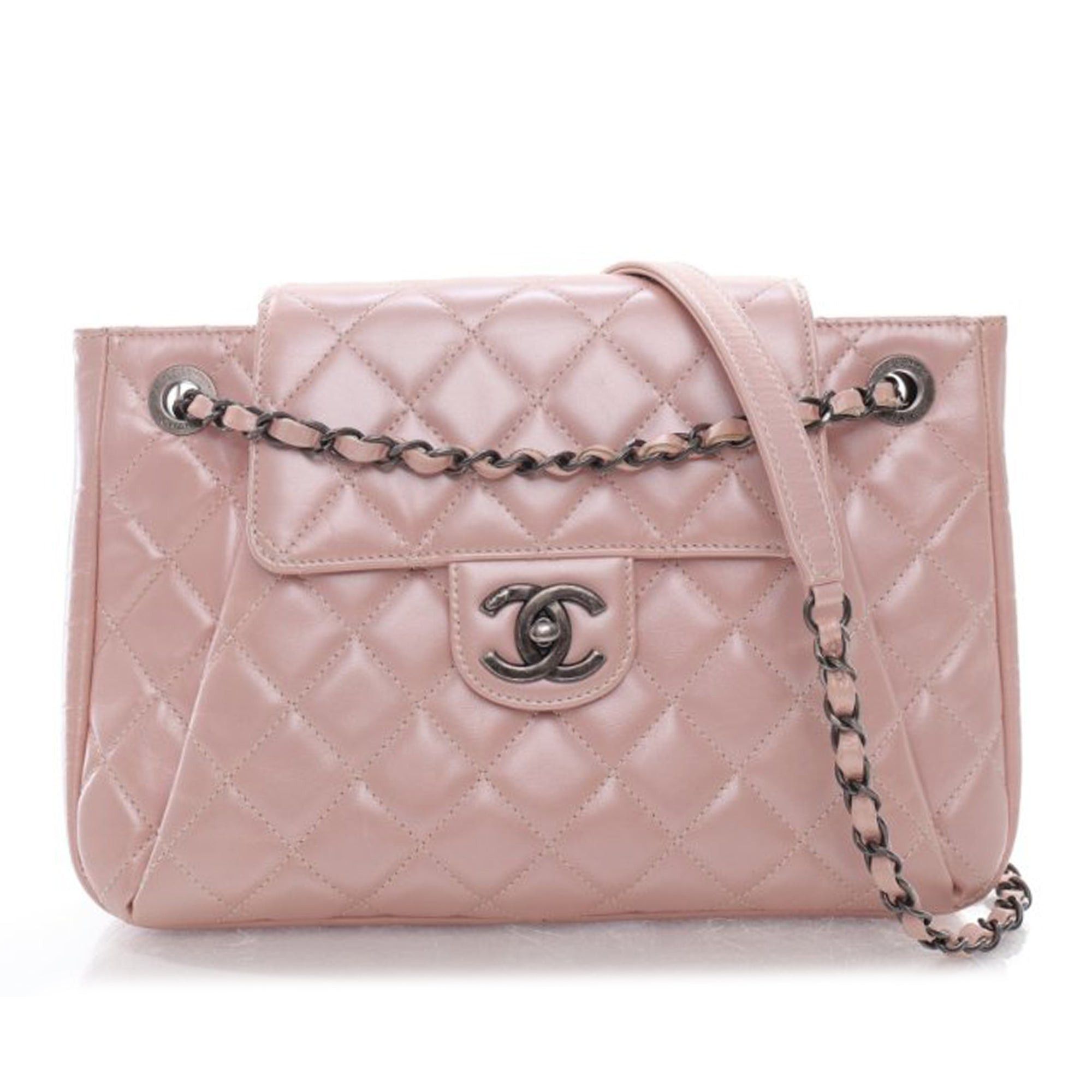 image of Chanel Cc Glazed Calfskin Accordion Flap Crossbody Bag in Pink, Women's