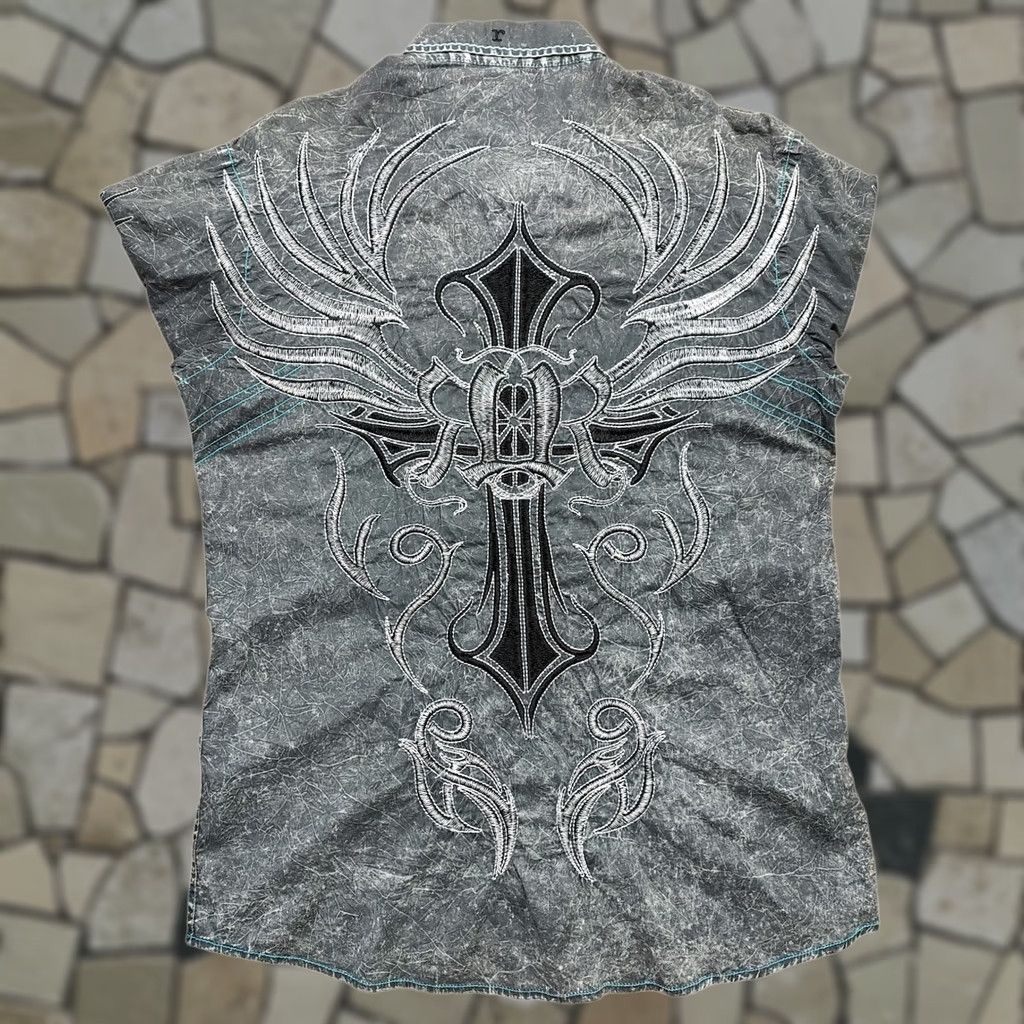 Roar Roar Shirt Mens Medium Faded Gray Embroidered Cross Long Sleeve Button Up Rock Size US M / EU 48-50 / 2 - 1 Thumbnail