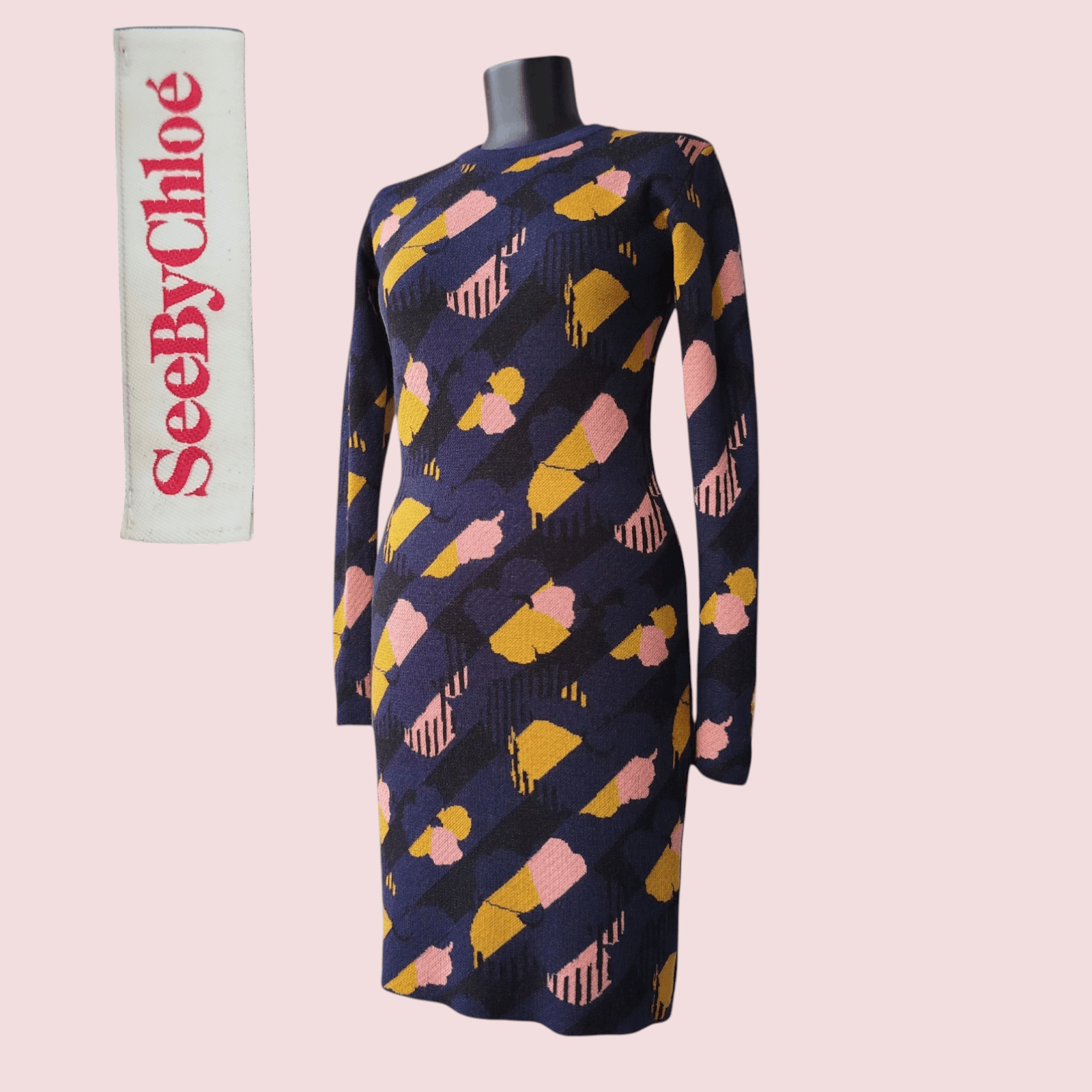 Dress Long Sleeve Bodycon Vigrin Wool Navy Diagonal Vintage