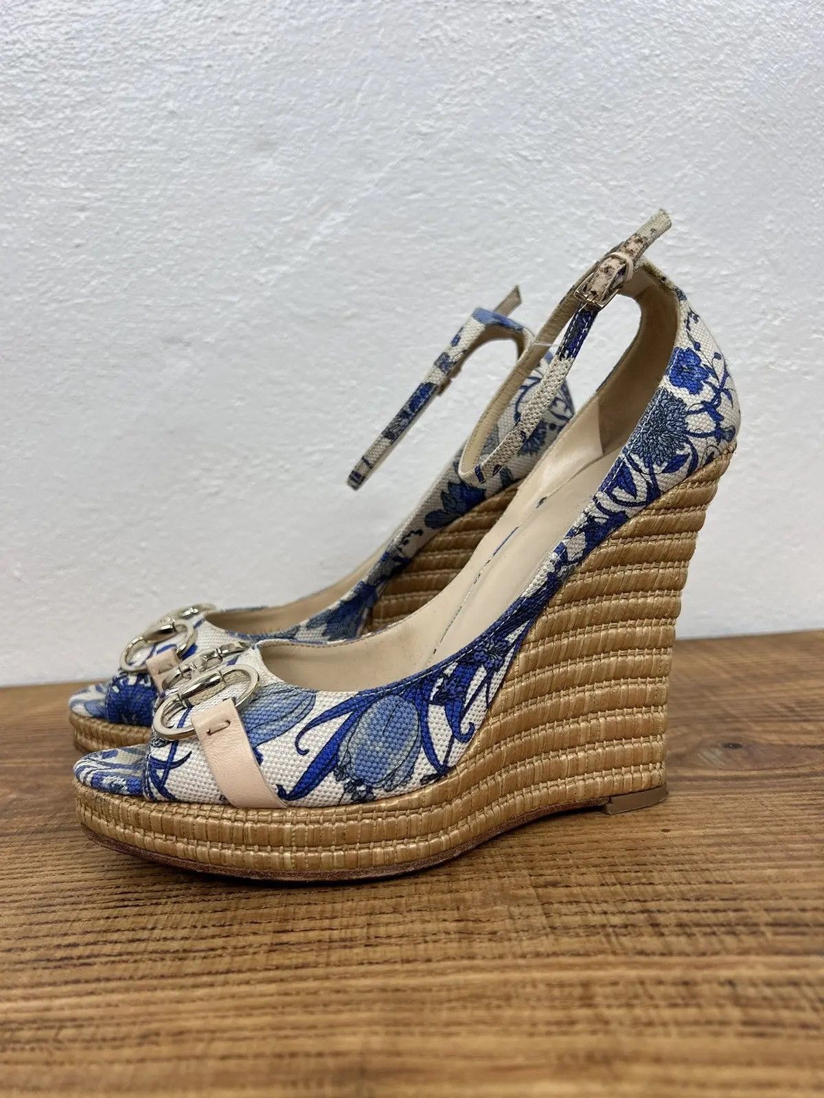 Gucci Blue Floral Print Canvas Horsebit Wedge Sandals 171065