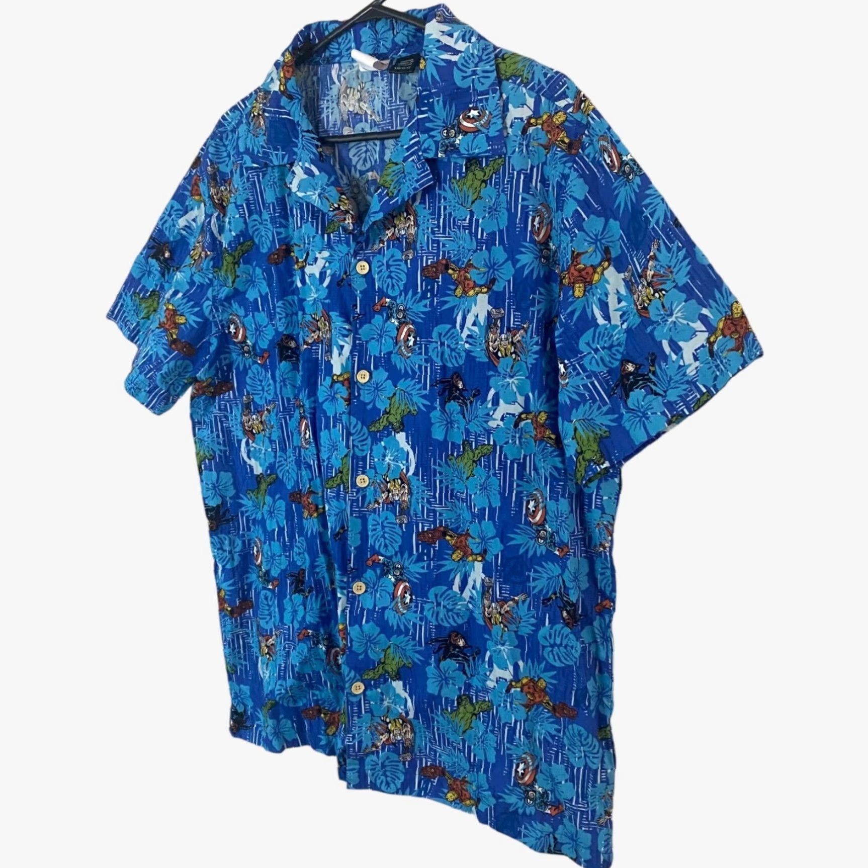 Vintage Marvel Avengers Tropical Hawaiian Shirt Blue Men’s Large Short-Sleeve Button-Up Size US L / EU 52-54 / 3 - 3 Thumbnail