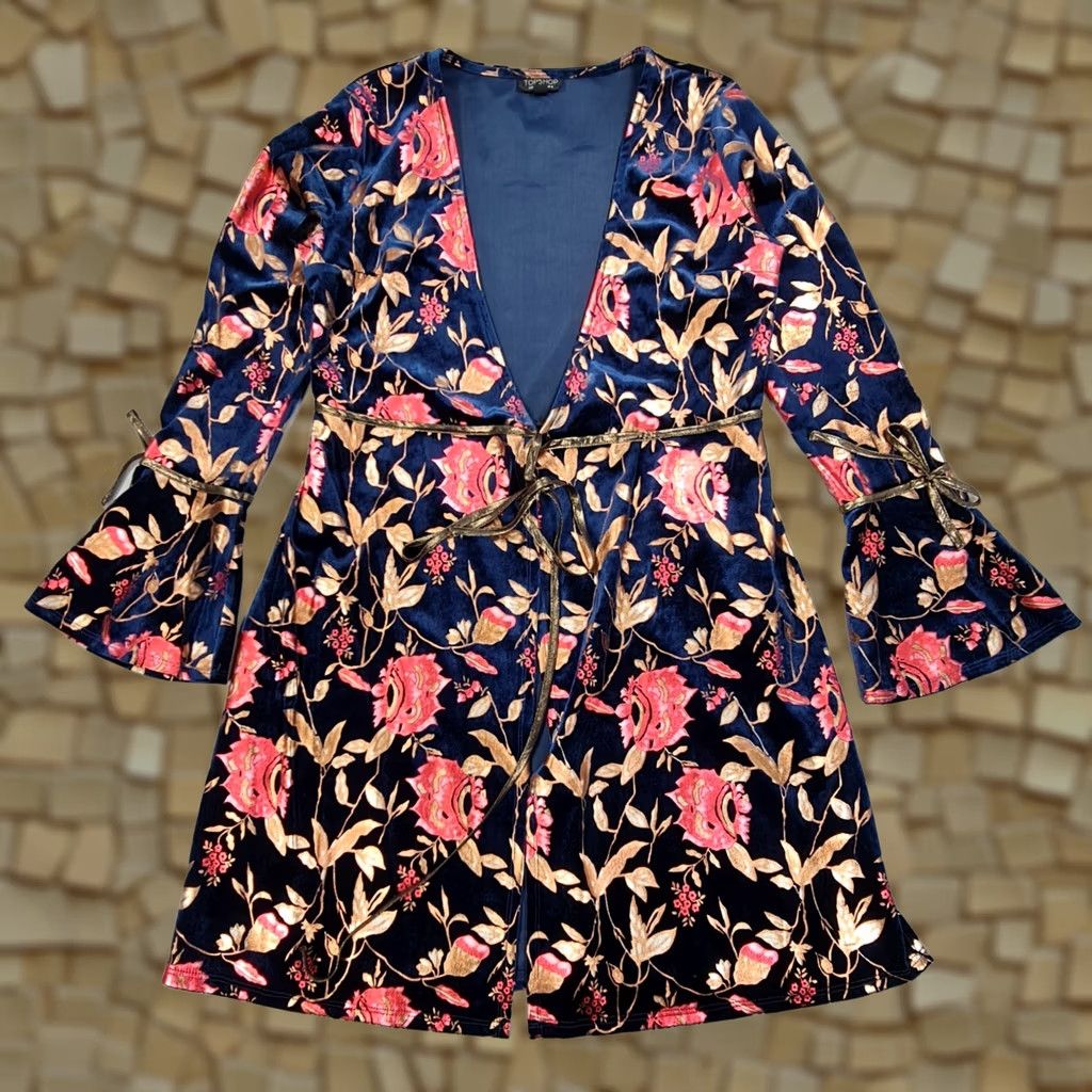 Topshop Topshop Womens Midi Wrap Dress Navy 8 UK Velvet Floral Foil Floral Dress Wrap, V-Neck, Long Sleeve, Party/Cocktail, Regular, Blue, Womens, 8 UK Size M / US 6-8 / IT 42-44 - 1 Thumbnail