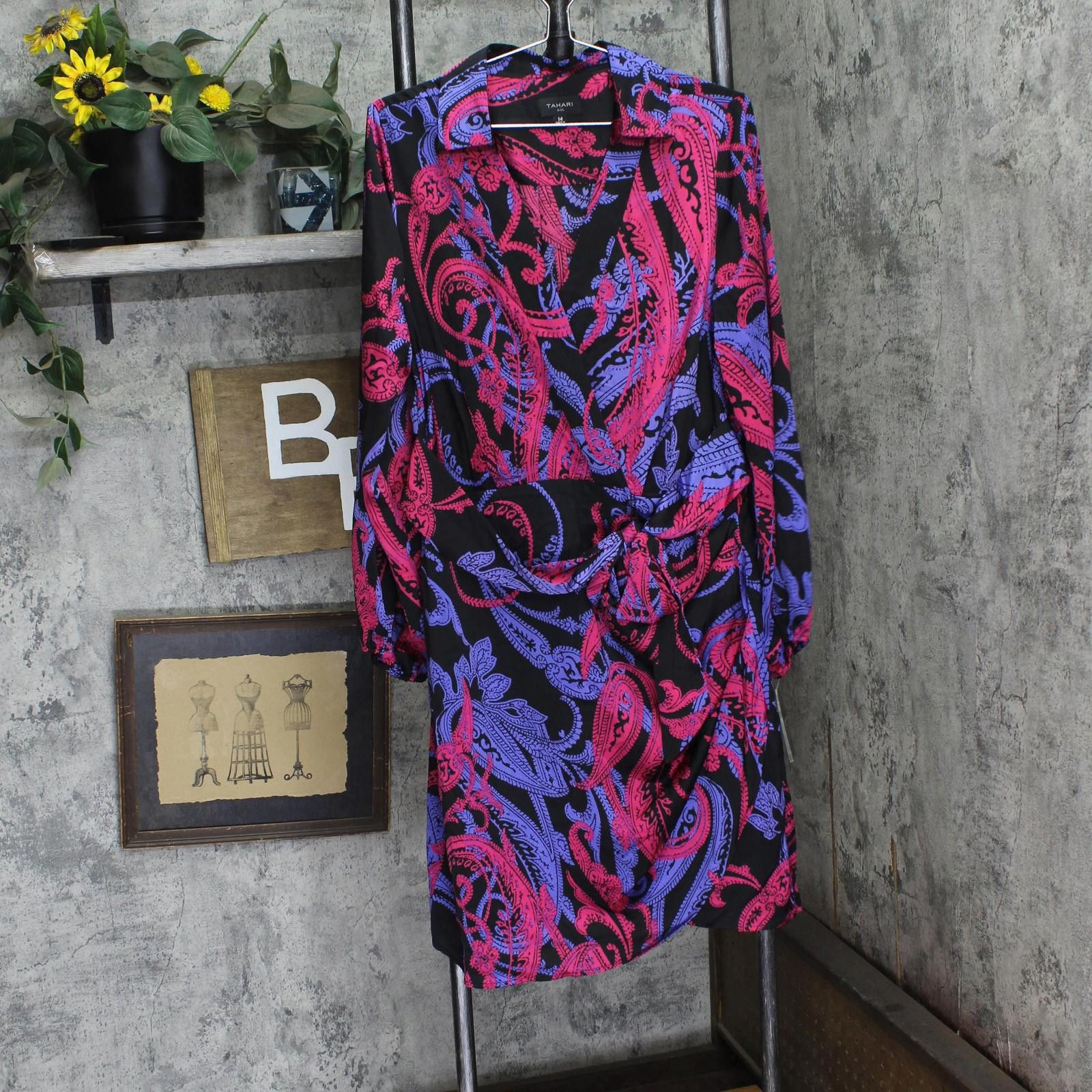 Other Nwt Tahari Asl Faux-wrap Dress Dem643-t4 Black Cobalt 14 Size XL / US 12-14 / IT 48-50 - 1 Thumbnail