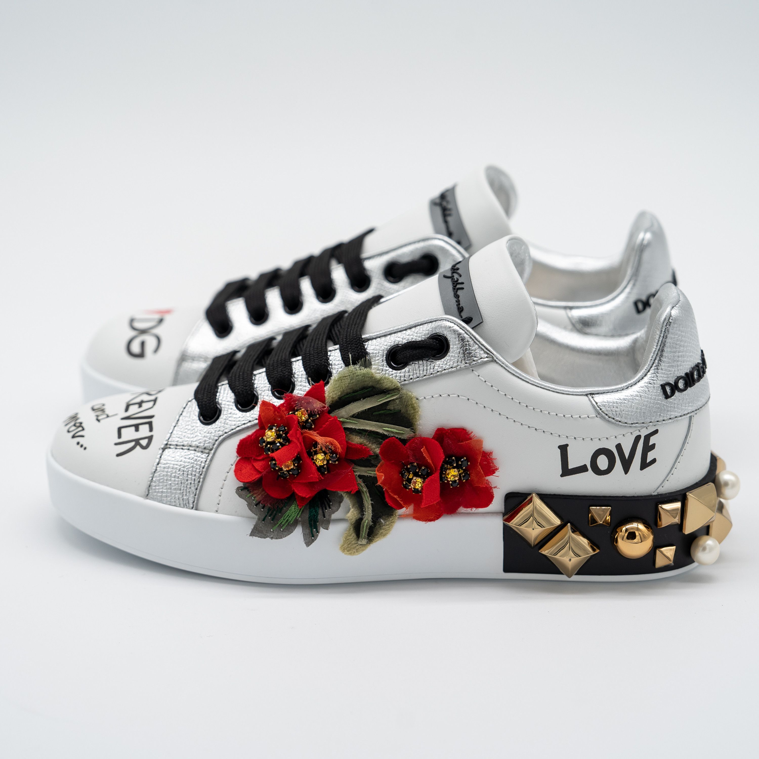 Dolce & Gabbana DOLCE & GABBANA White Portofino Floral Studded Sneakers Size US 6 / IT 36 - 4 Thumbnail