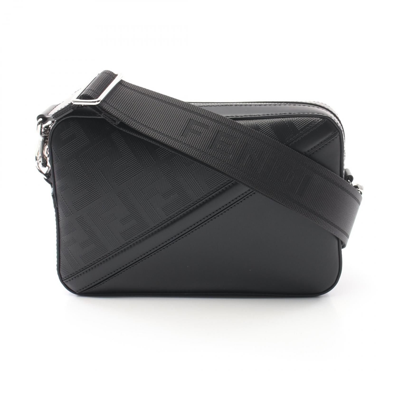 Fendi Diagonal Camera Case Zucca Shoulder Bag Leather Black