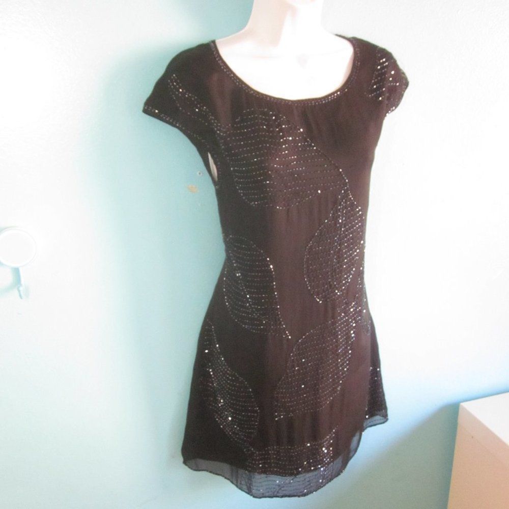 PRINCESS POLLY Bizz Princess Black Silk Dress Size S Beaded Leaf Pattern em Size S / US 4 / IT 40 - 3 Thumbnail