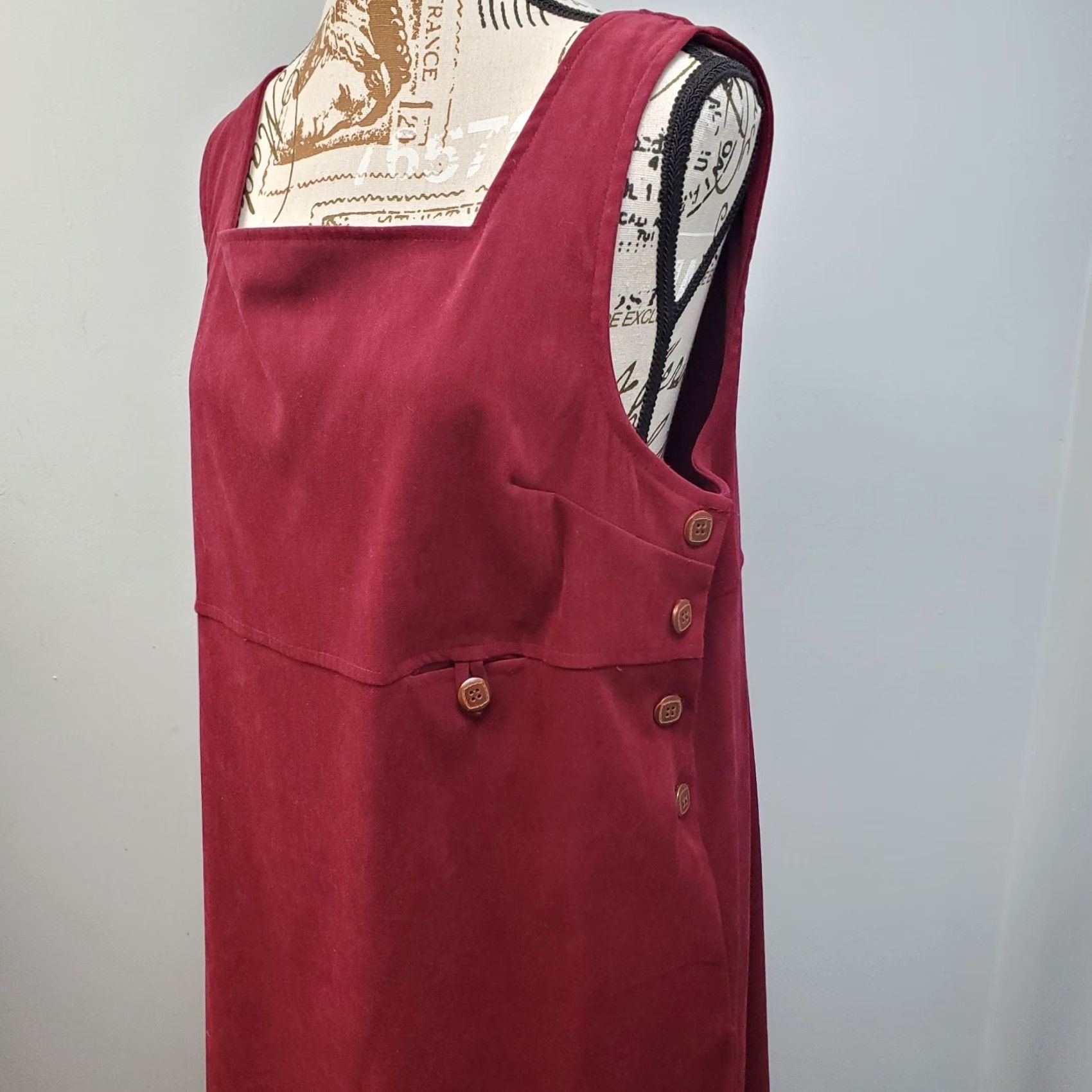 Vintage Teddi VTG Jumper Dress Womens Size M Dark Red Square Neck Side Button Sleeveless Maxi Size M / US 6-8 / IT 42-44 - 6 Thumbnail