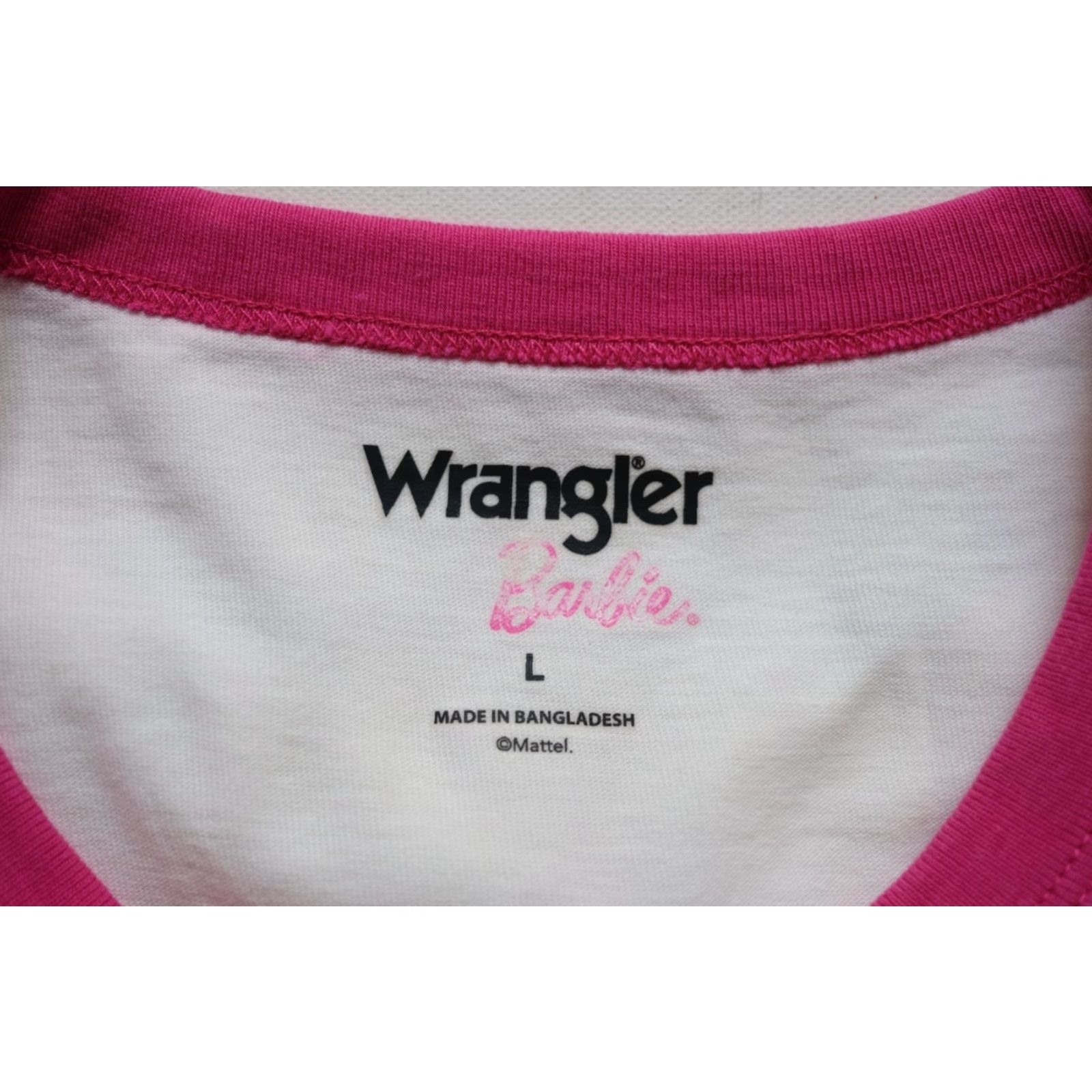 Fruit Of The Loom VINTAGE WRANGLER BARBIE MATTEL TOY DOLL WESTERN RINGER GRAPHIC WHITE PINK T SHIRT SZ L Size L / US 10 / IT 46 - 6 Thumbnail