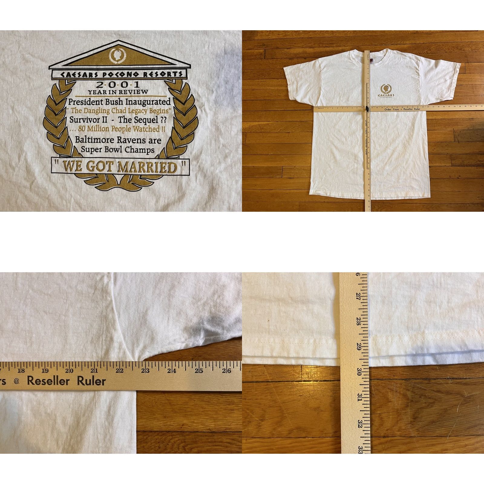 Fruit Of The Loom VINTAGE Nike Shirt Men XL White Caesar’s Pocono Resorts 2001 WE GOT MARRIED Logo Graphic Print 45” chest 29-1/2" shoulder to hem Size US XL / EU 56 / 4 - 8 Thumbnail