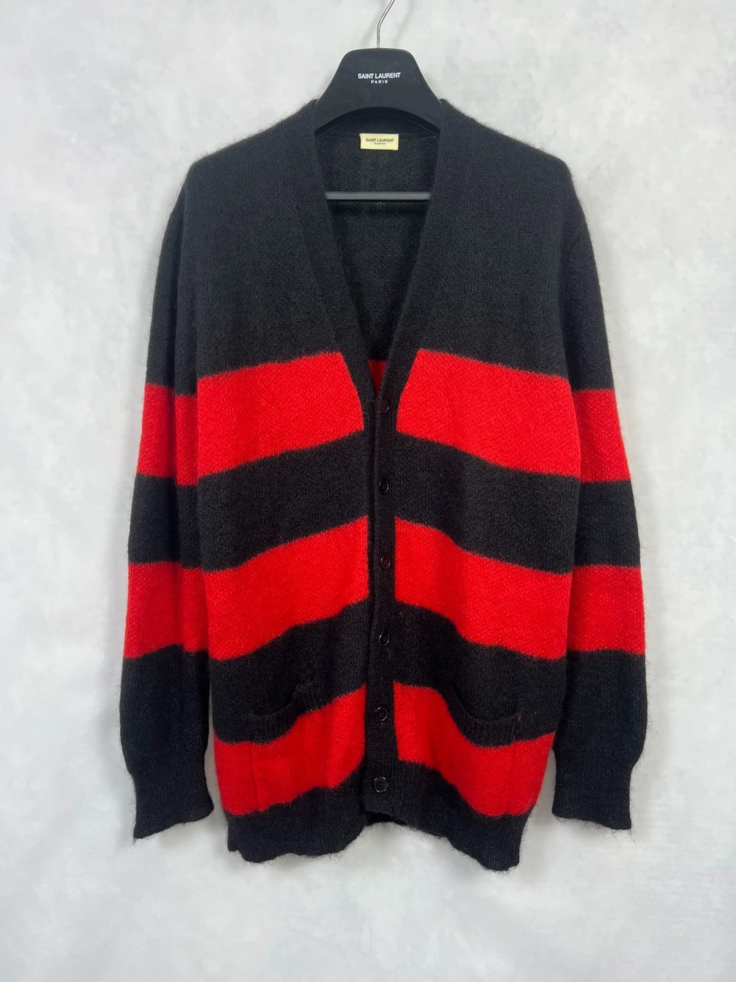 Saint Laurent Paris SaintLaurent black red stripe V-neck oversized Scardigan Size US S / EU 44-46 / 1 - 1 Thumbnail
