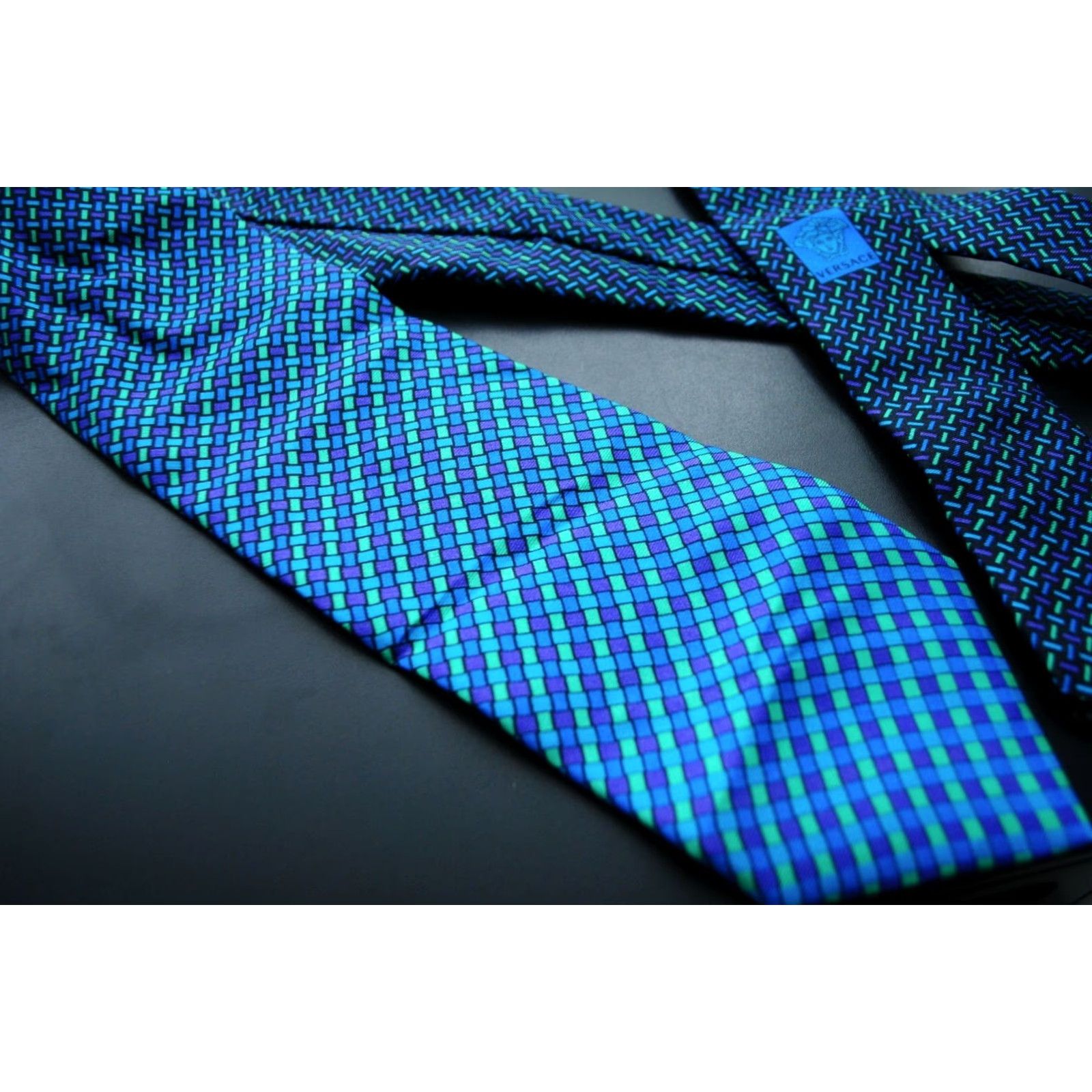 Versace VERSACE TIE Men Geometric Medusa 100% Silk Blue Made in Italy 57 in. Classic Authentic Size ONE SIZE - 4 Thumbnail