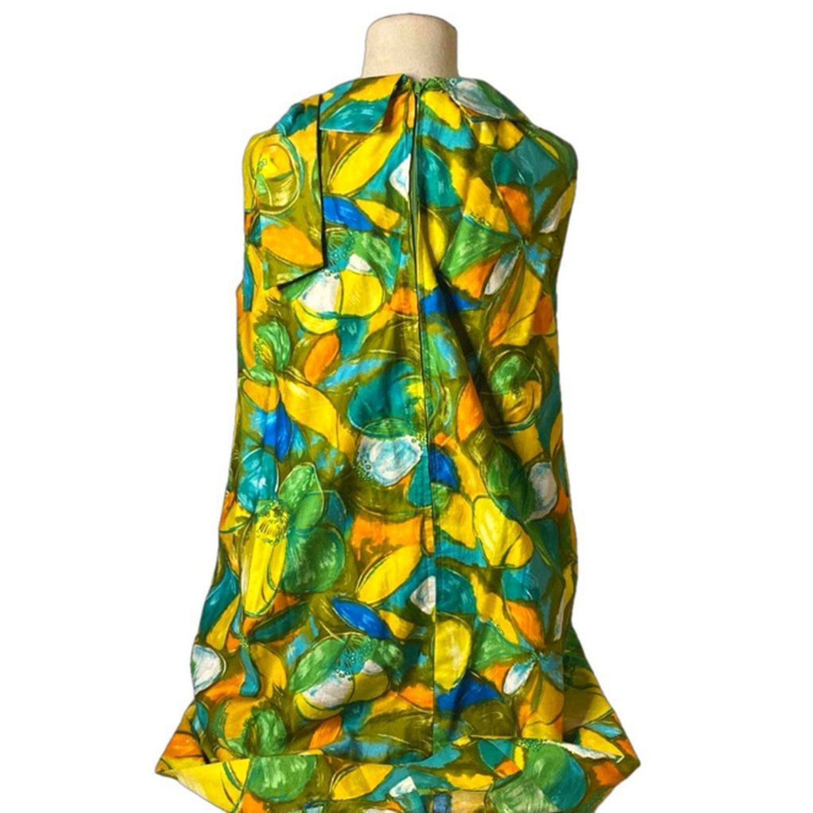 Handmade 1960s Floral Mod Shift Dress Yellow Green Retro Boho Hippie Size M / US 6-8 / IT 42-44 - 6 Thumbnail
