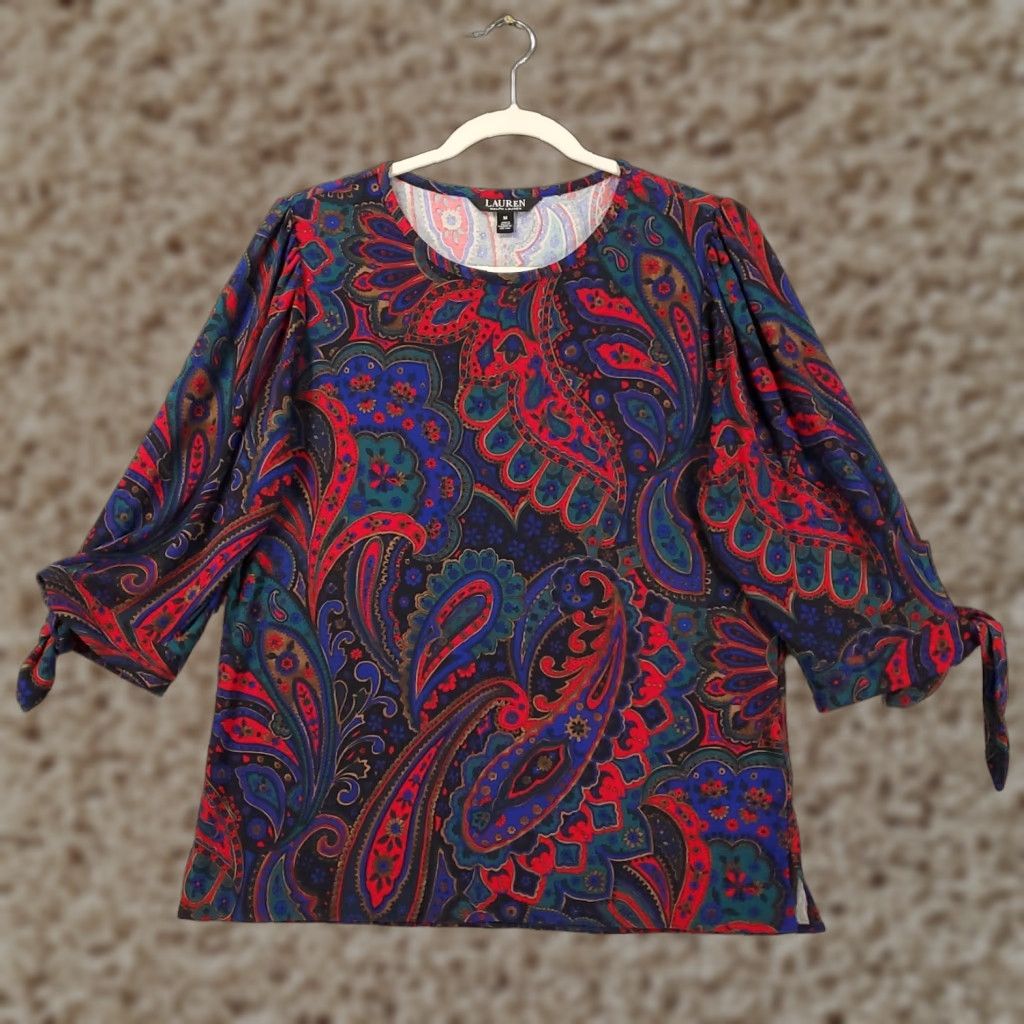 Ralph Lauren Ralph Lauren Tunic Blouse Women Size M Multicolor Paisley Round Neck Long Sleeve Casual Knit Polyester Spandex LRL Size M / US 6-8 / IT 42-44 - 1 Thumbnail